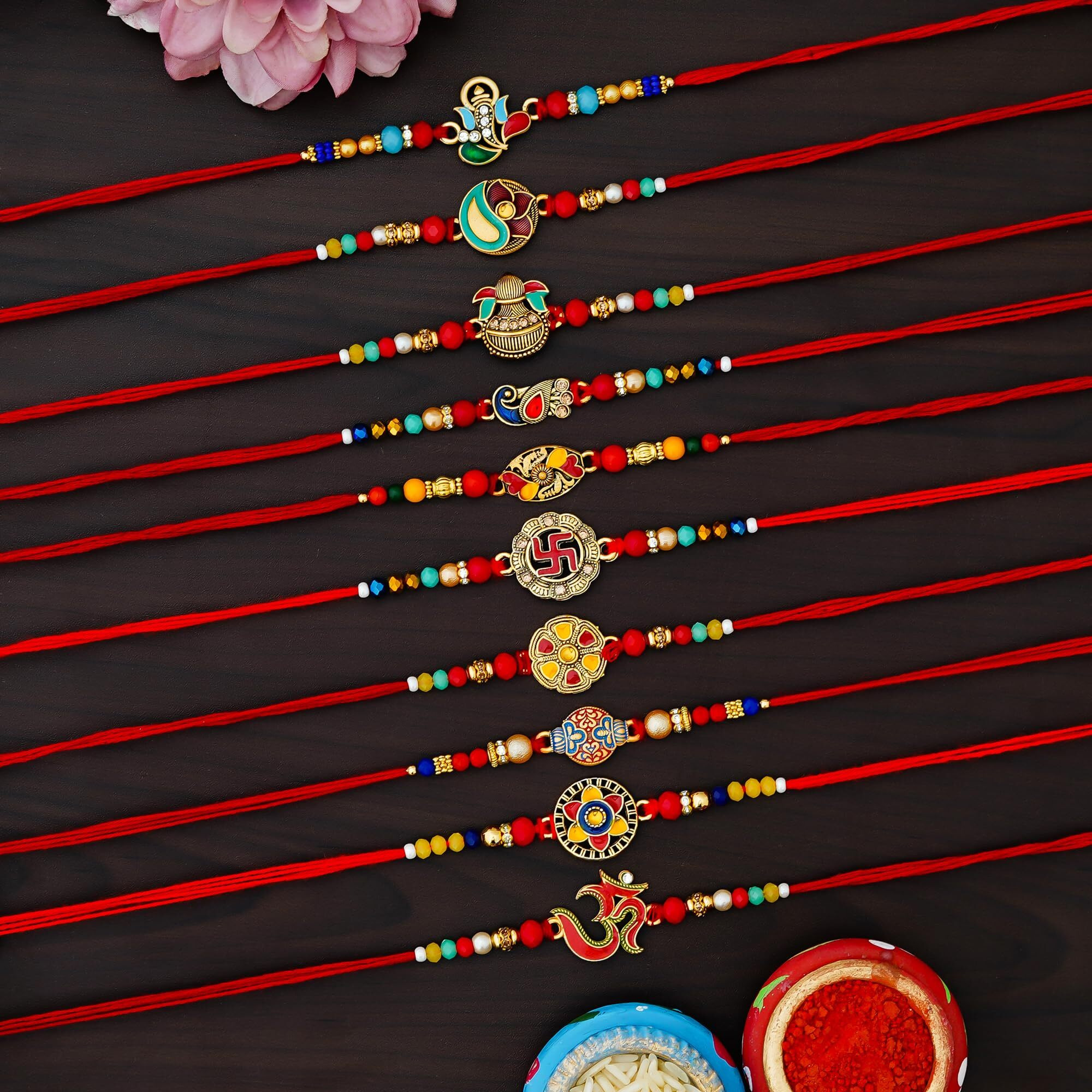 Tonkwalas Combo Of 10 Rakhi Set For Men With Roli Chawal Best Wishes Greeting Card Rakhi For Brother (Multicolor-2)