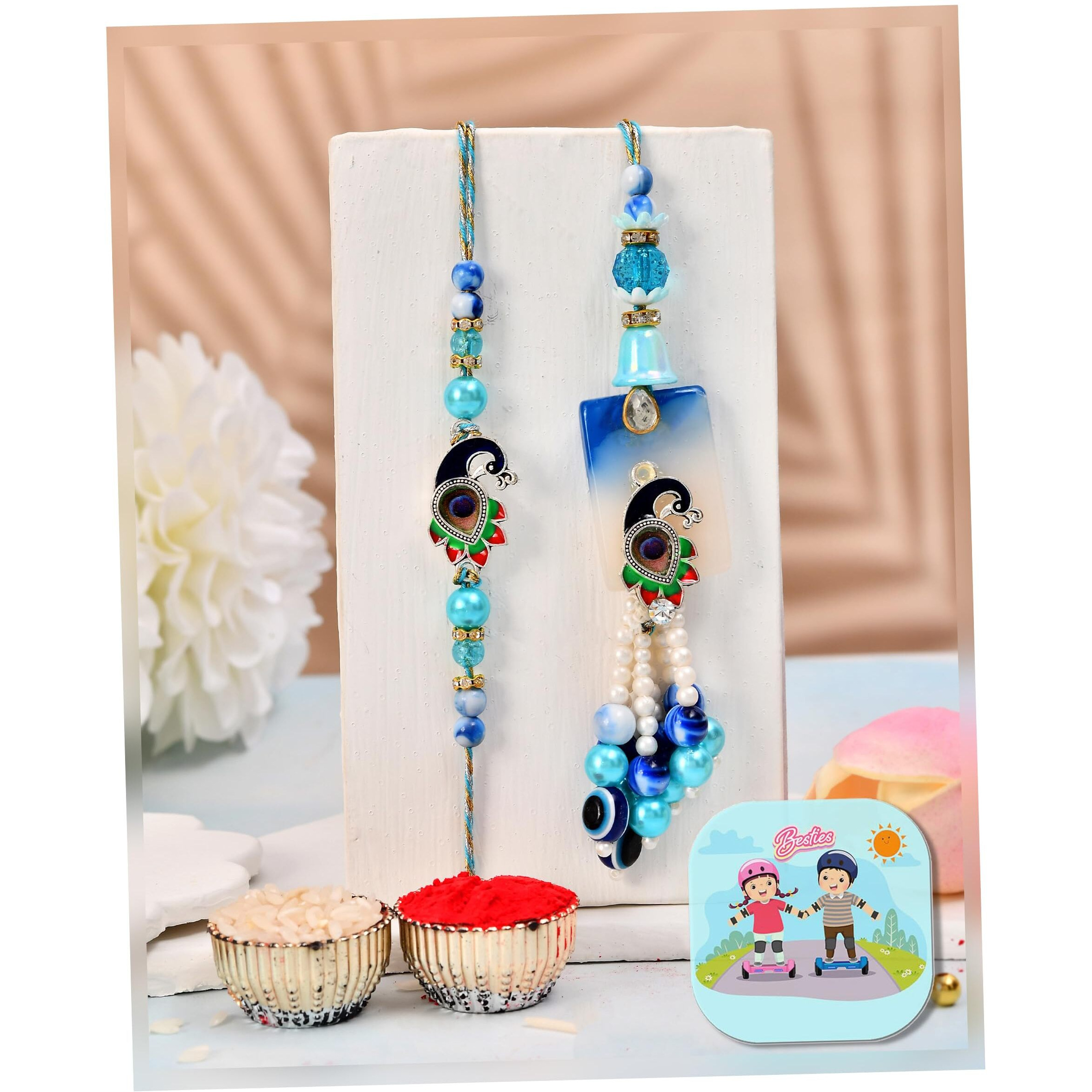 Craftvatika Evil Eye Peacock Rakhi Set For Brother And Bhabhi, Designer Rakhi Set For Bhaiya Bhabhi Bro Sister, Lumba For Bhabhi, With Fridge Magnet Gift, Best Wishes Greeting Card, Tilak