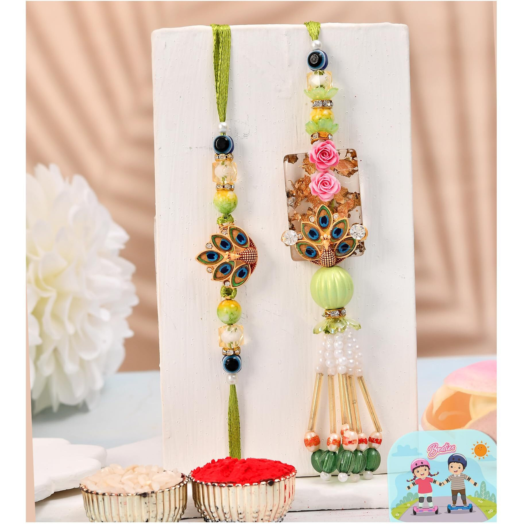 Craftvatika Designer Rakhi Set For Brother Bhaiya Bhabhi | Peacock Rakhi For Bhaiya Bhabhi Raksha Bandhan Couple Set Of 2 With Fridge Magnet Gift, Rakshabandhan Greeting Card, Tilak Set,Home Decor