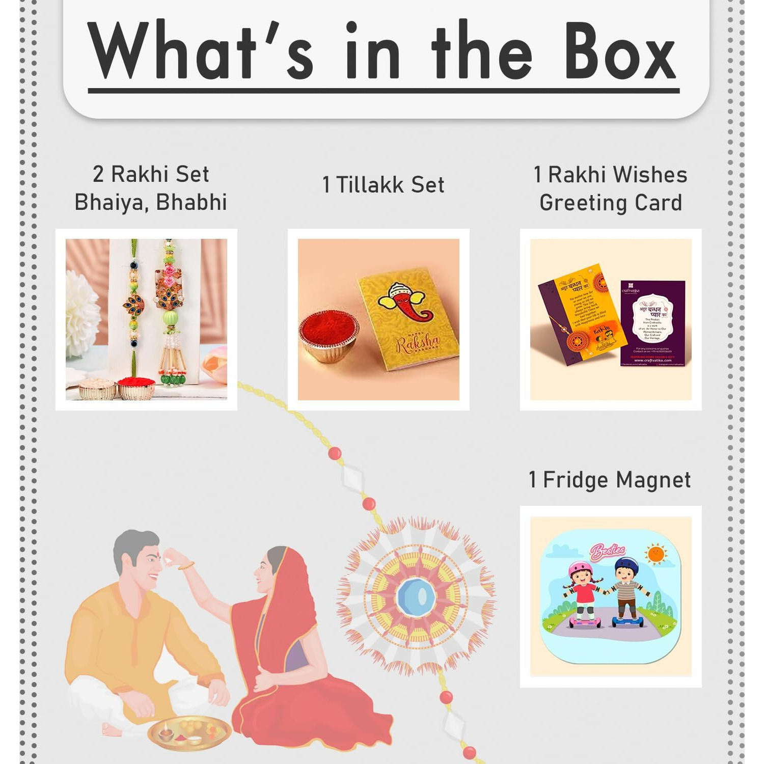 Craftvatika Designer Rakhi Set For Brother Bhaiya Bhabhi | Peacock Rakhi For Bhaiya Bhabhi Raksha Bandhan Couple Set Of 2 With Fridge Magnet Gift, Rakshabandhan Greeting Card, Tilak Set,Home Decor