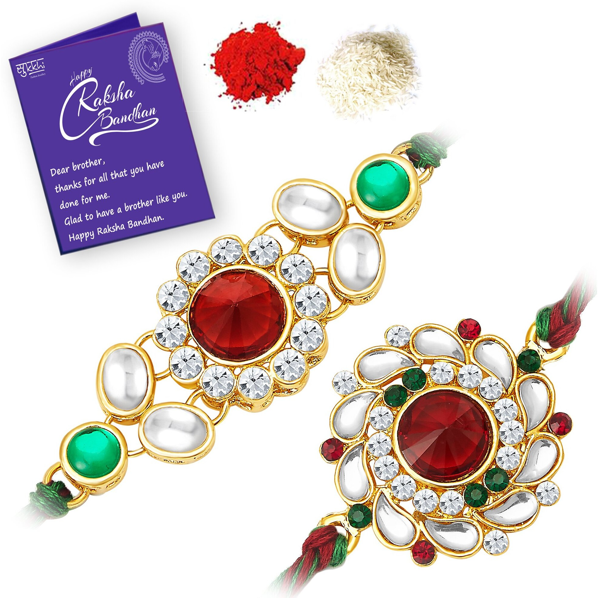 Sukkhi Rakhi For Brother Stylish Kundan Combo & Designer Gold Plated With Roli Chawal & Greeting Card Set Of 2|Cb73470