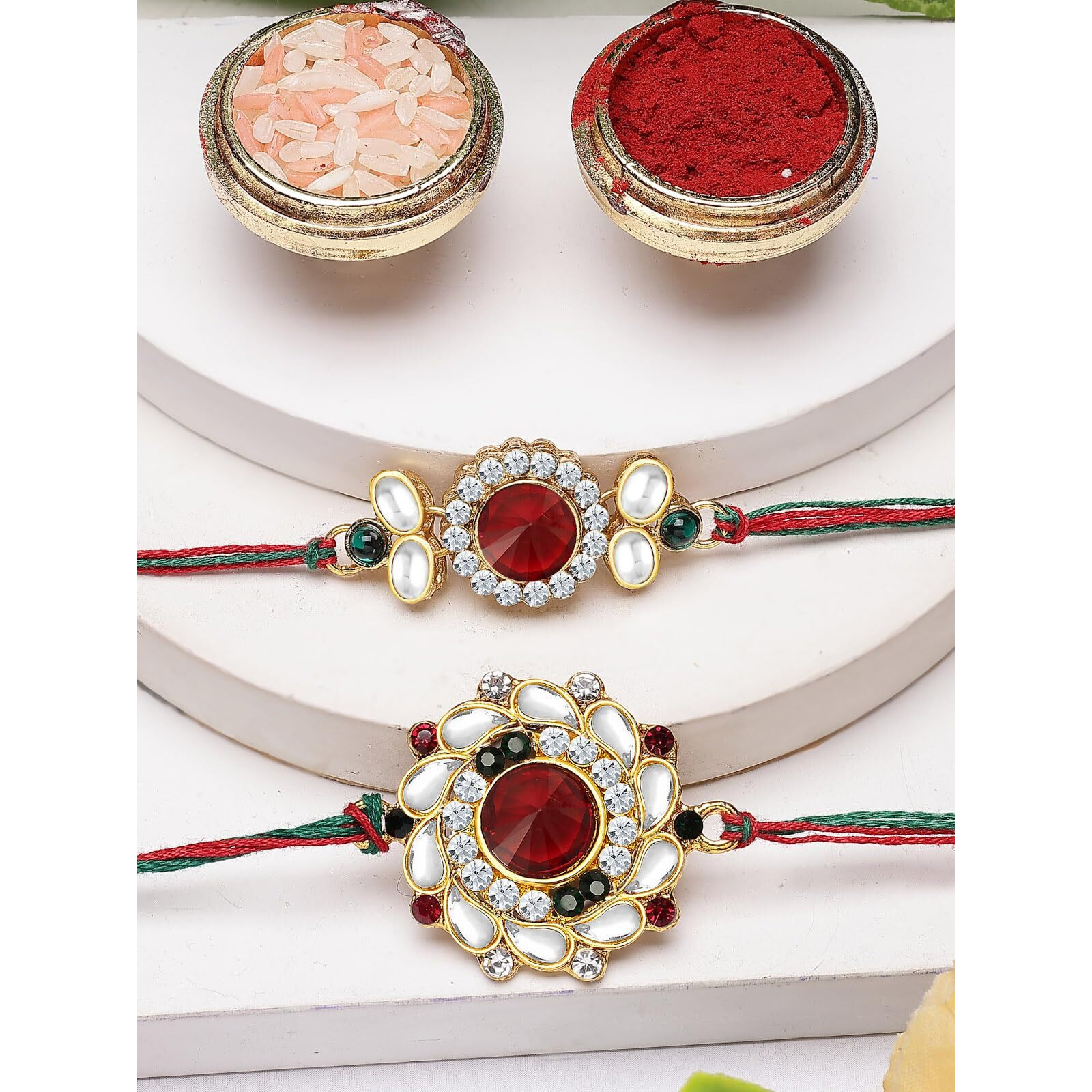 Sukkhi Rakhi For Brother Stylish Kundan Combo & Designer Gold Plated With Roli Chawal & Greeting Card Set Of 2|Cb73470