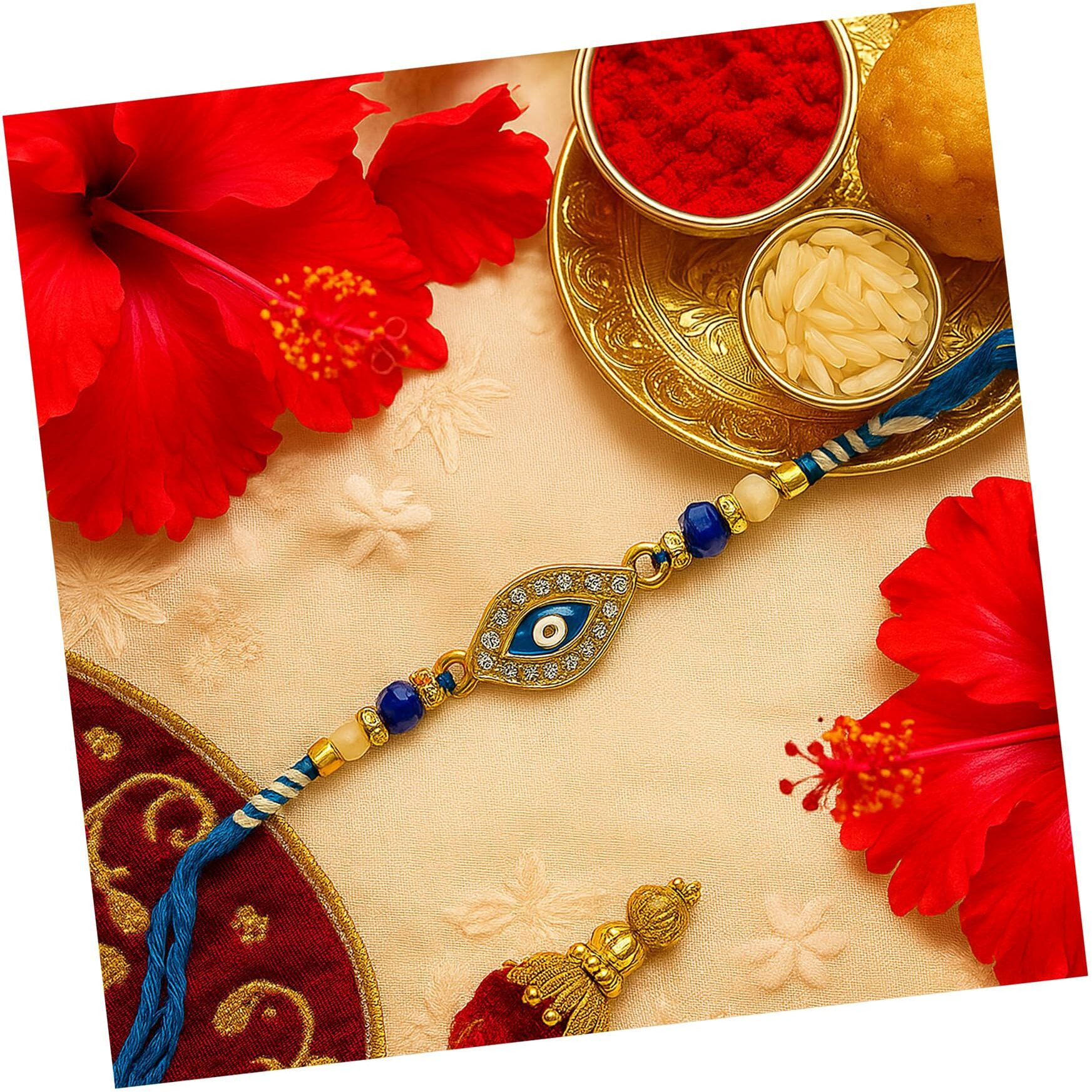 Cottontee Evileye Rakhi For Brother With Coaster, Kumkum & Chawal | Blue Evil Eye Protection Rakhis With Stones | Raksha Bandhan Gift Hamper (Evil Eye Rakhi)