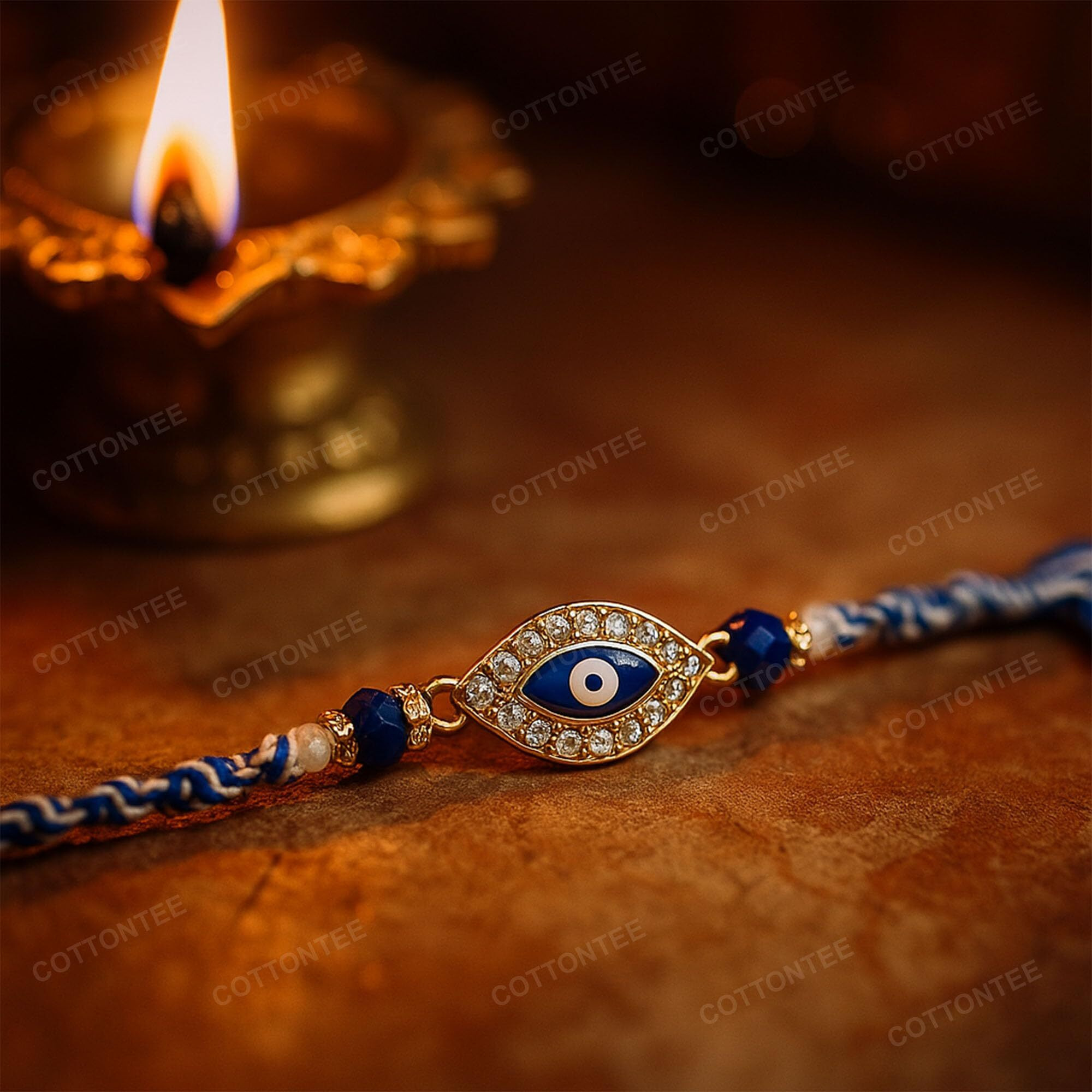 Cottontee Evileye Rakhi For Brother With Coaster, Kumkum & Chawal | Blue Evil Eye Protection Rakhis With Stones | Raksha Bandhan Gift Hamper (Evil Eye Rakhi)