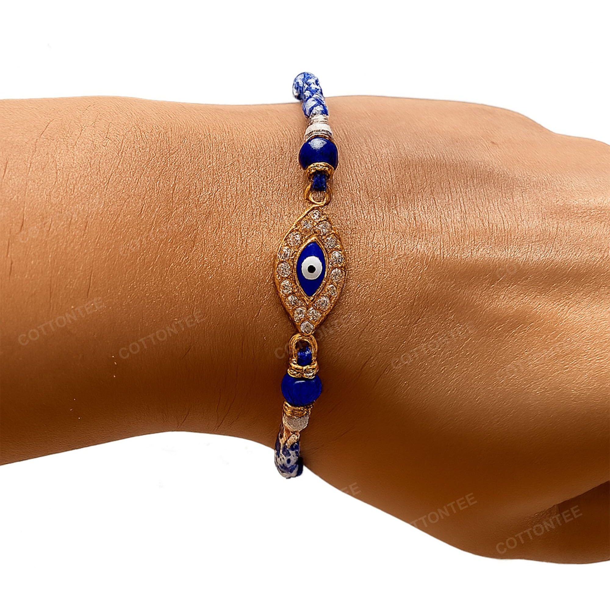Cottontee Evileye Rakhi For Brother With Coaster, Kumkum & Chawal | Blue Evil Eye Protection Rakhis With Stones | Raksha Bandhan Gift Hamper (Evil Eye Rakhi)