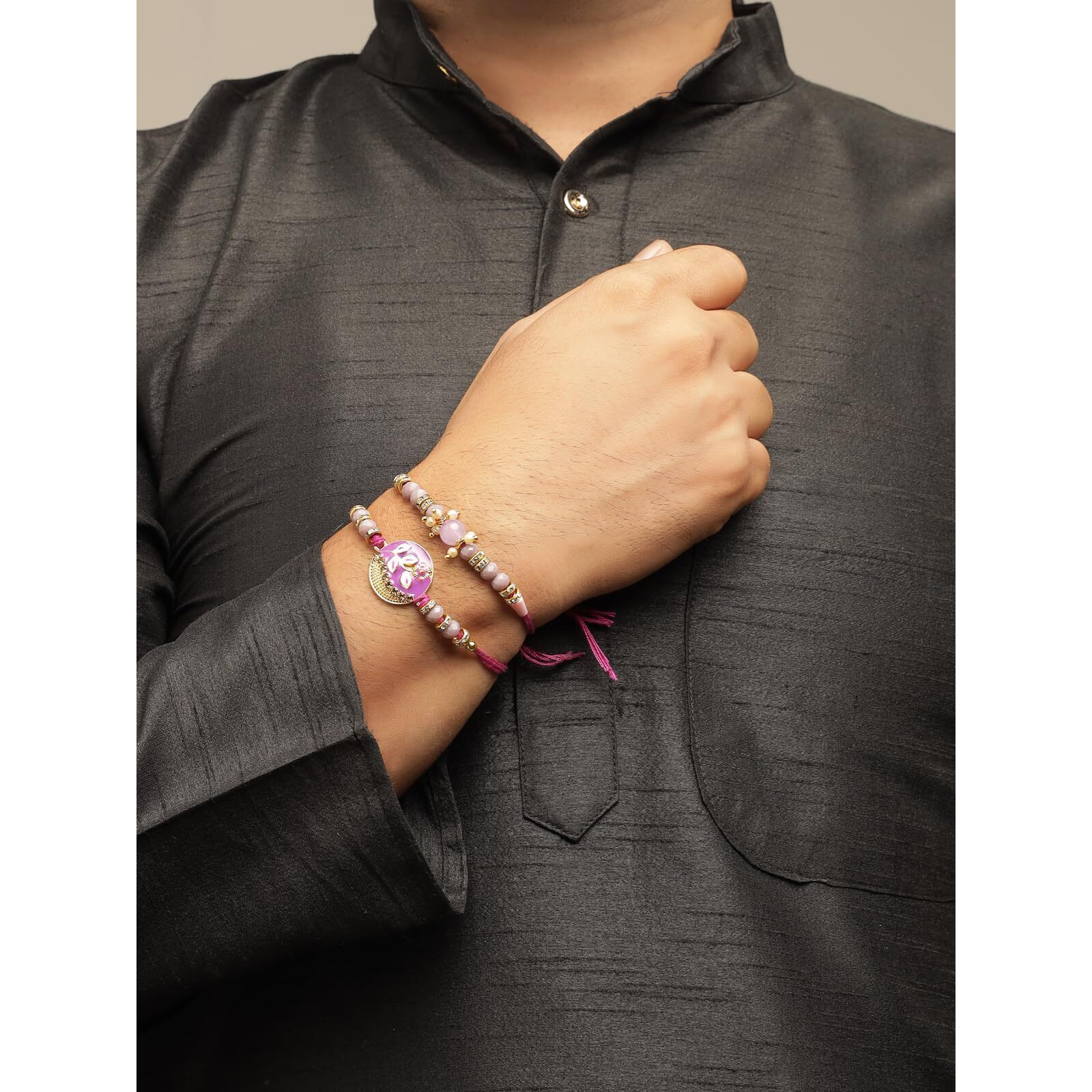 Sukkhi Rakhi Beautiful Floral Design Purple Meenakari Work With Ad Stones & Pearls Combo Rakhi For Brother With Roli Chawal & Greeting Card|Quirky Rakshabandhan Rakhi For Bhaiya|Set Of 2|Cbrak107434
