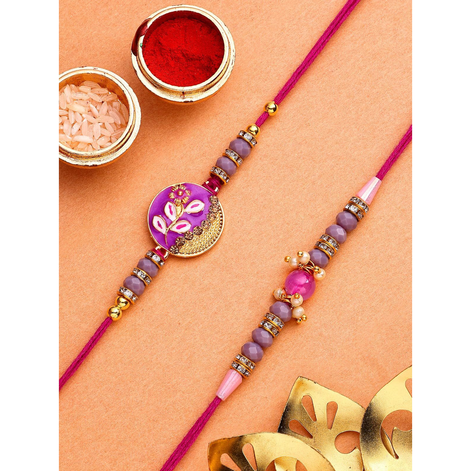 Sukkhi Rakhi Beautiful Floral Design Purple Meenakari Work With Ad Stones & Pearls Combo Rakhi For Brother With Roli Chawal & Greeting Card|Quirky Rakshabandhan Rakhi For Bhaiya|Set Of 2|Cbrak107434