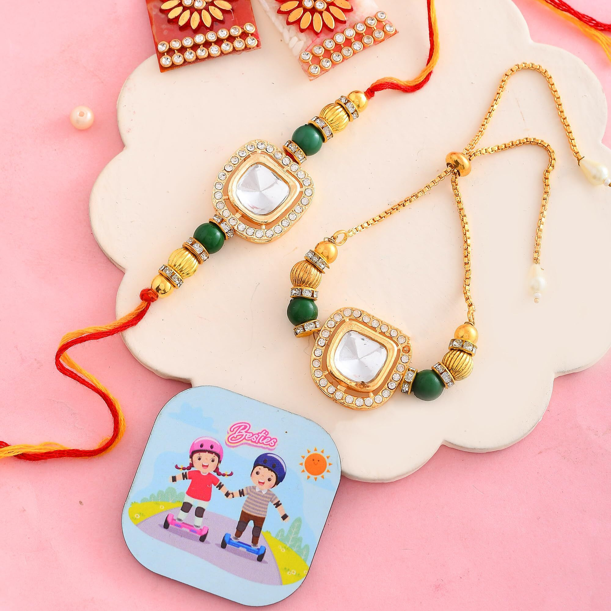 Craftvatika Designer Rakhi Set For Brother And Bhabhi, Rakhi With Magnet Gift, Couple Pair Rakhi For Bhaiya Bhai Bhabhi, Rakhi For Men Women, Fridge Magent For Door Decor