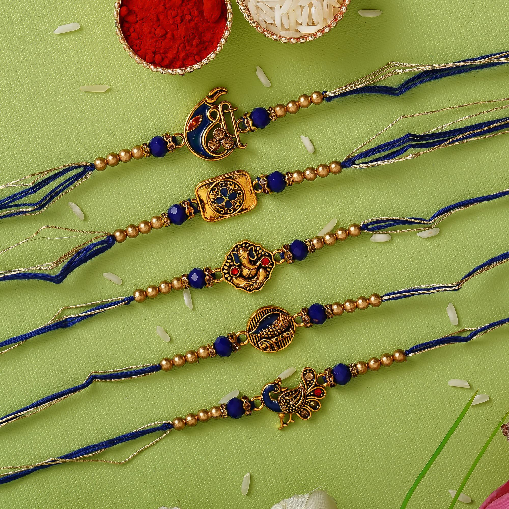 Ecraftindia Set Of 5 Blue & Golden Religious Designer Rakhis For Brother Bhabhi Bhaiya Bhai Kids | Raksha Bandhan Rakhi Combo | Roli Chawal Pack