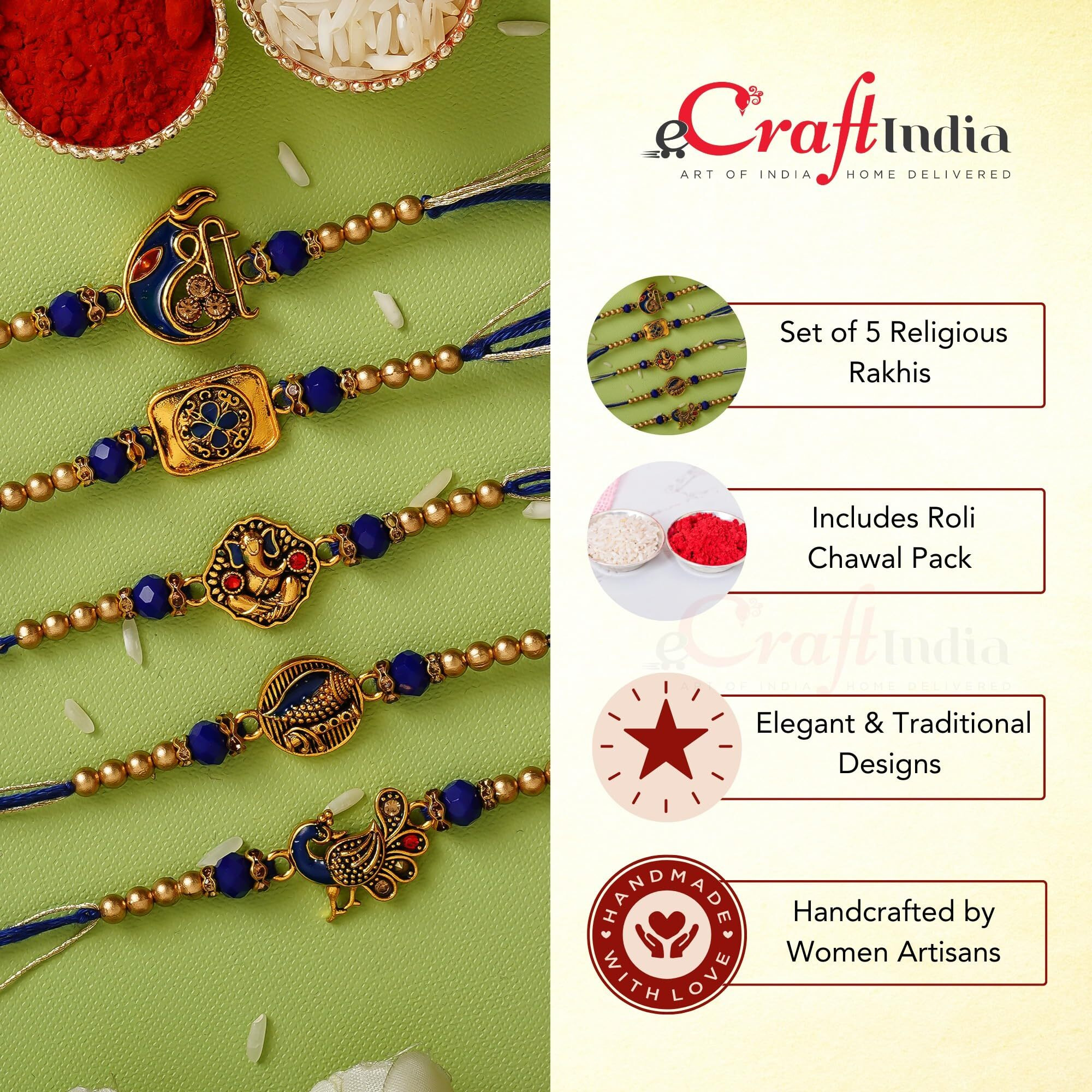 Ecraftindia Set Of 5 Blue & Golden Religious Designer Rakhis For Brother Bhabhi Bhaiya Bhai Kids | Raksha Bandhan Rakhi Combo | Roli Chawal Pack