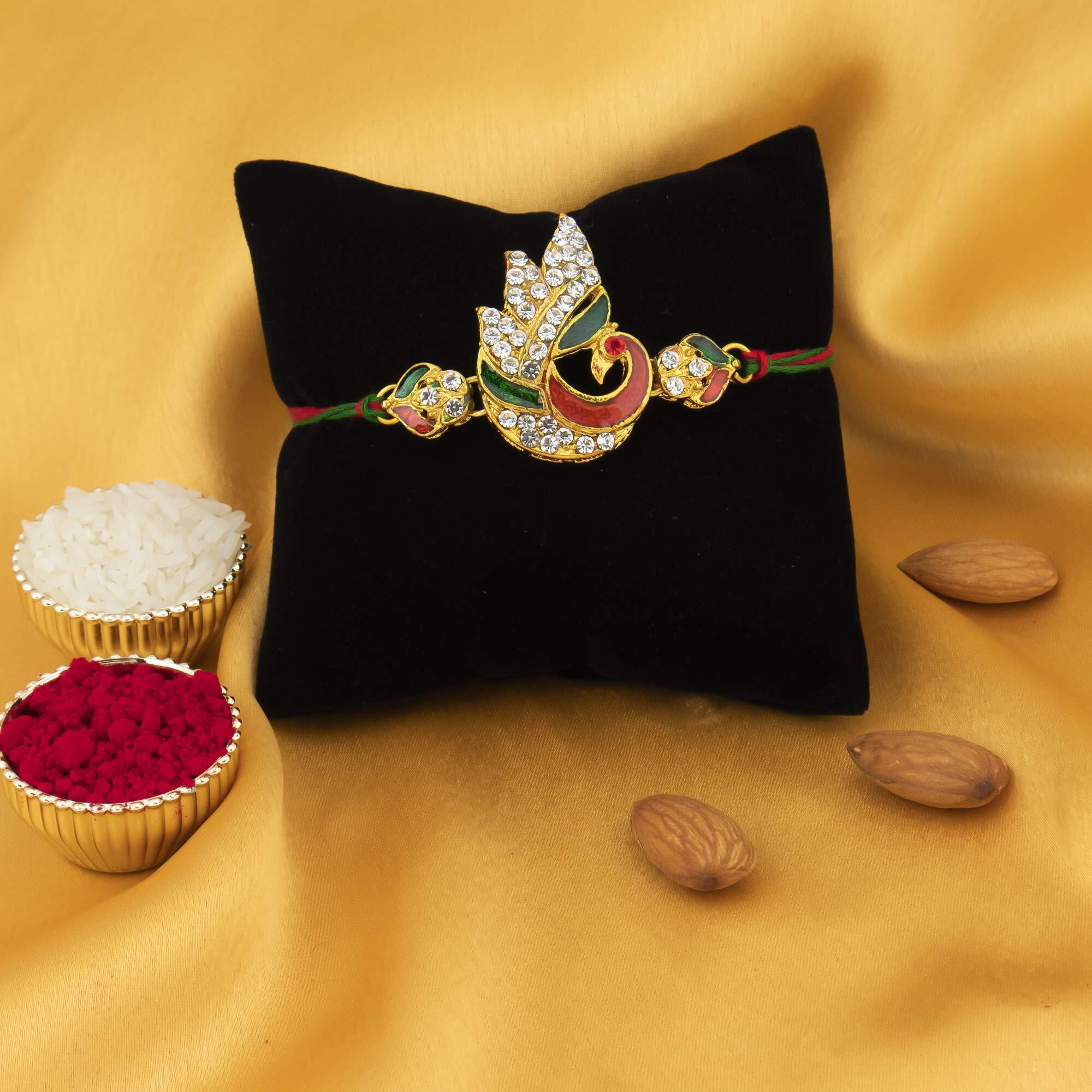 Sukkhi Rakhi For Brother Elegant Kundan Designer Gold Plated With Roli Chawal & Greeting Card|Rak73475