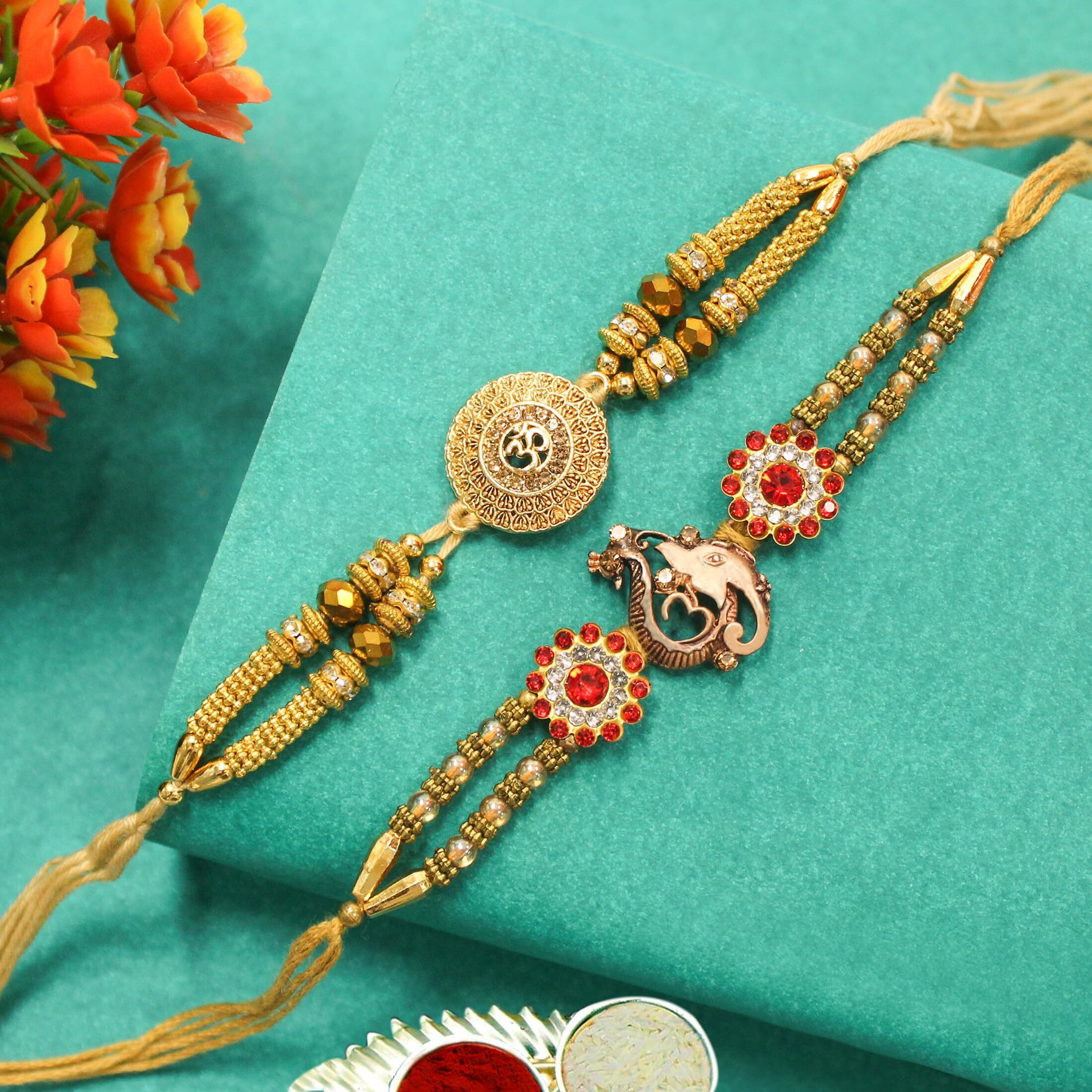 Tied Ribbons Rakhi For Brother Set Of 2 - Premium Om Ganesh Rakhi For Brother Men Bhaiya Kids Boys With Tikka And Greeting Card - Bracelet Rakhi's For Brother
