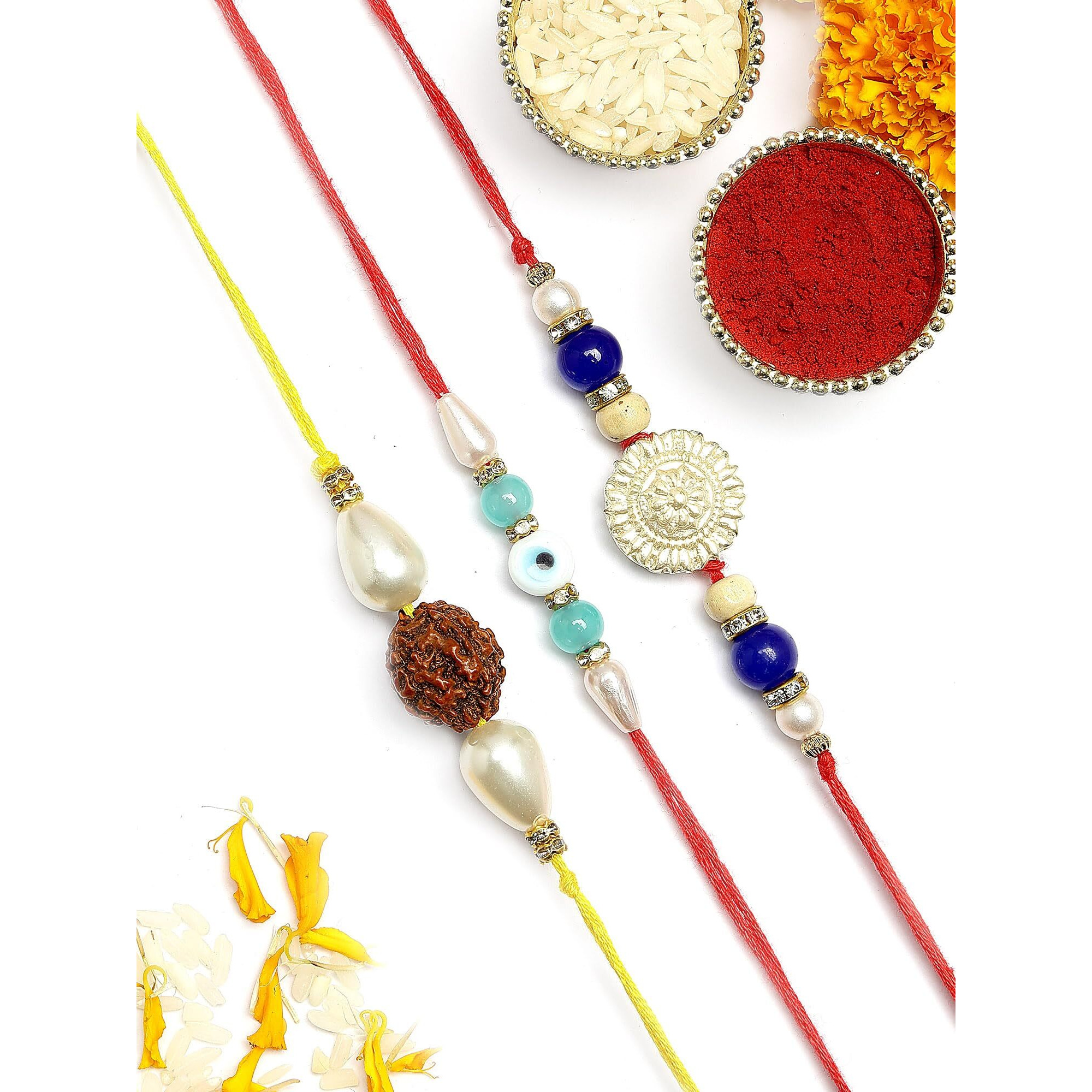 Karatcart Set Of 3 Handmade Rudraksha And Kundan Rakhis For Brother With Roli & Chawal