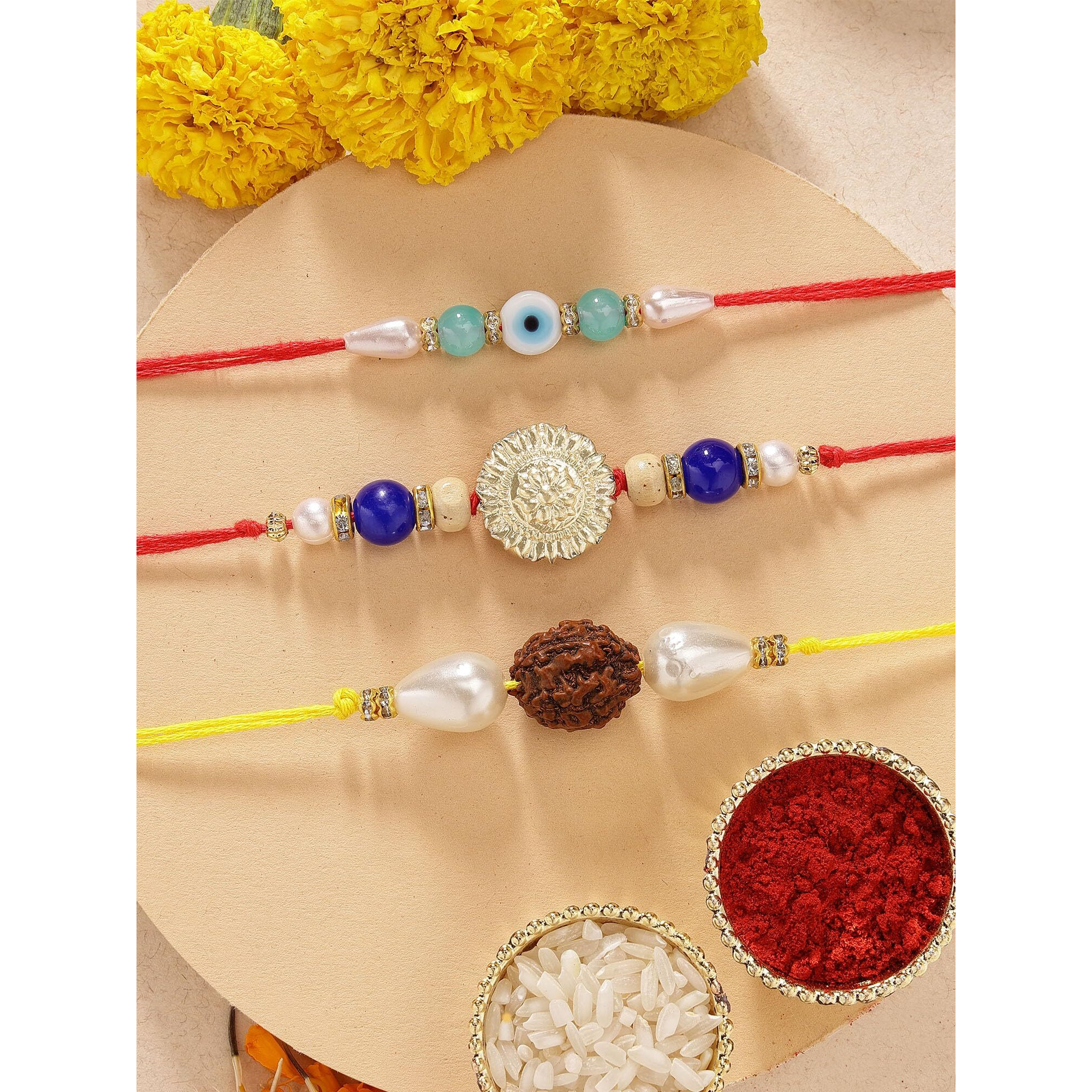 Karatcart Set Of 3 Handmade Rudraksha And Kundan Rakhis For Brother With Roli & Chawal