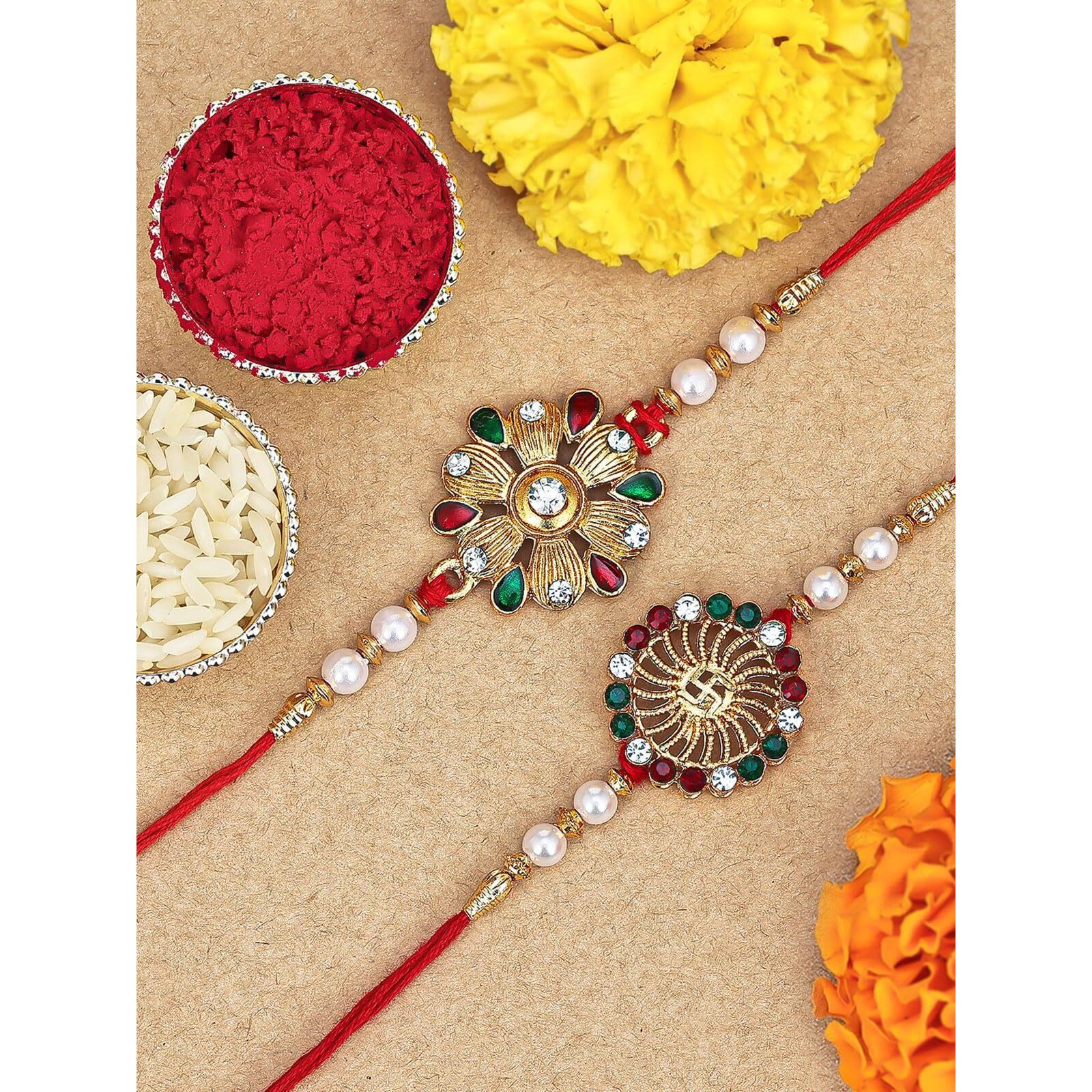 Sukkhi Rakhi Vintage Kundan Rakhi Combo & Designer Gold Plated Premium Rakhi For Brother, Roli Chawal & Greeting Card|Rakhi For Bhaiya|Rakhi For Men|Kundan Rakhi|Rakhi Combo-Set Of 2 |Cbrak104550
