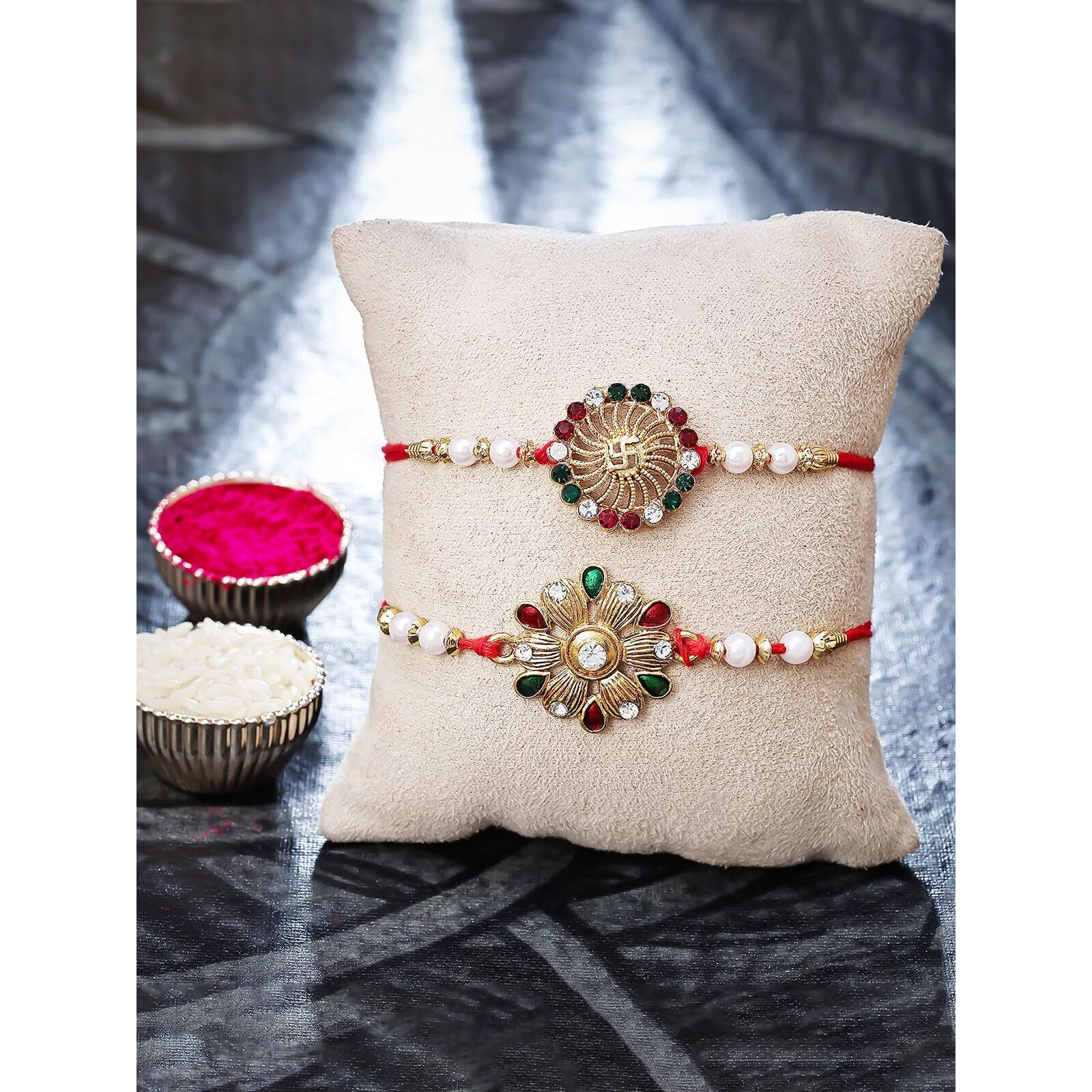 Sukkhi Rakhi Vintage Kundan Rakhi Combo & Designer Gold Plated Premium Rakhi For Brother, Roli Chawal & Greeting Card|Rakhi For Bhaiya|Rakhi For Men|Kundan Rakhi|Rakhi Combo-Set Of 2 |Cbrak104550