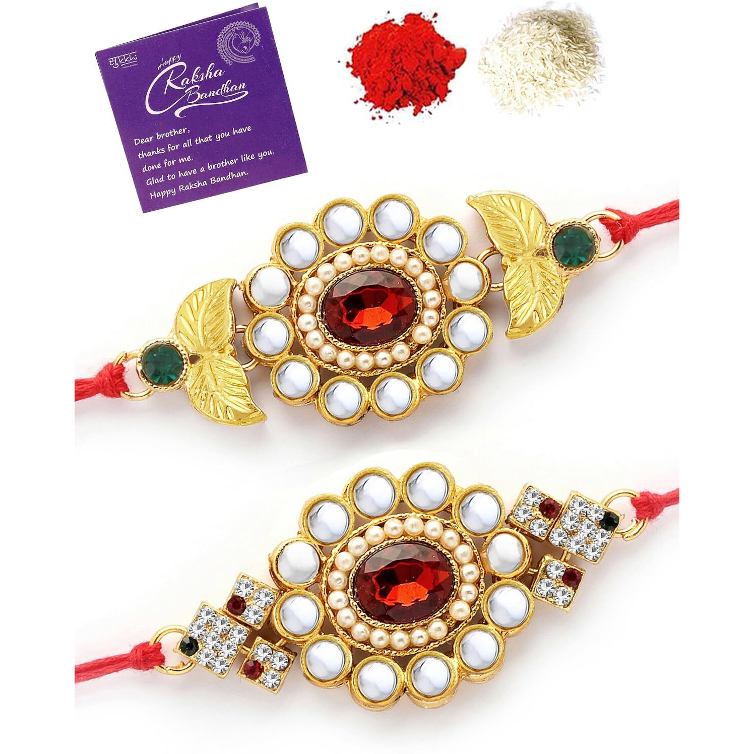Sukkhi Elegant Kundan Designer Gold Plated Premium Rakhi For Brother, Roli Chawal & Greeting Card | Combo-Set Of 2 |Cb73444)