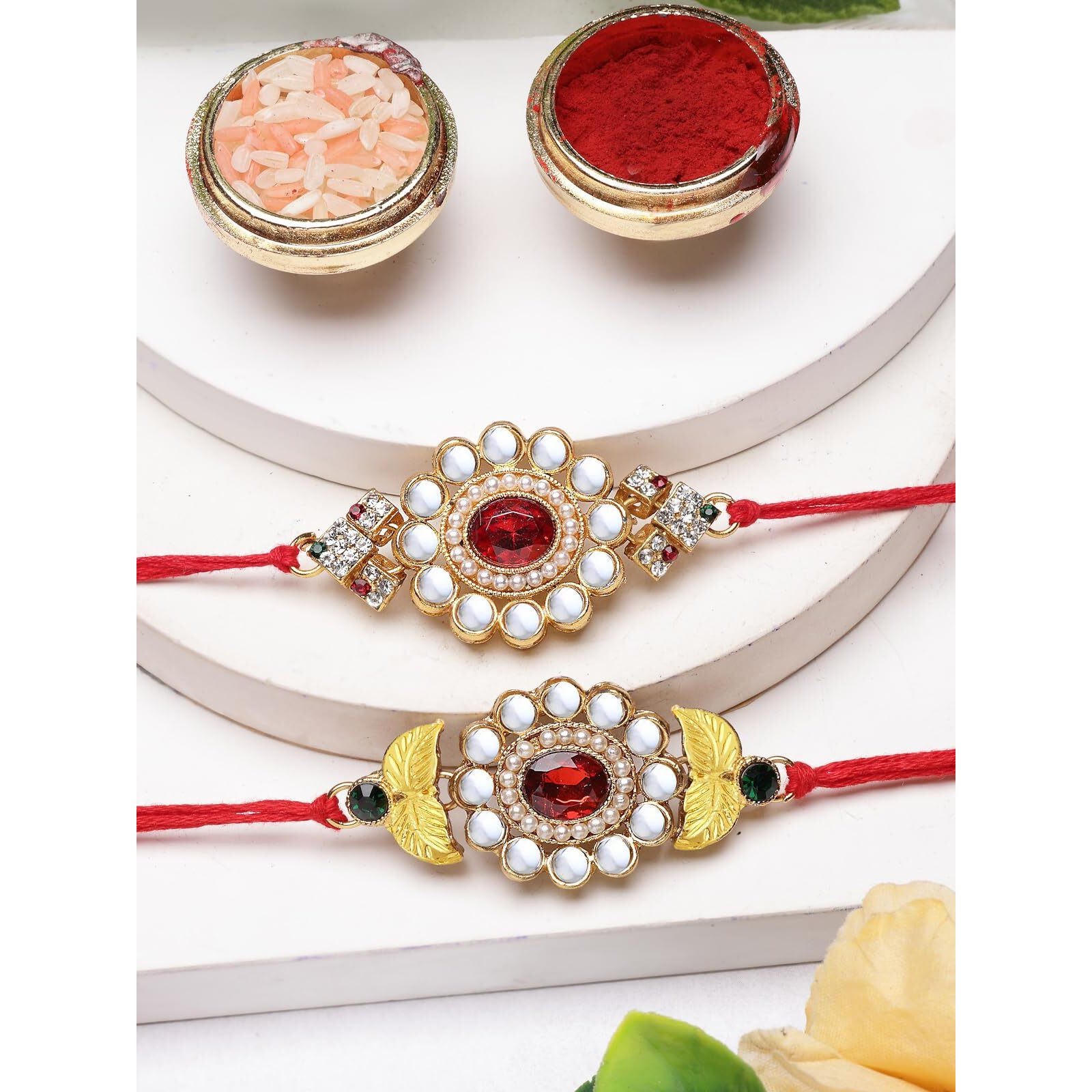 Sukkhi Elegant Kundan Designer Gold Plated Premium Rakhi For Brother, Roli Chawal & Greeting Card | Combo-Set Of 2 |Cb73444)