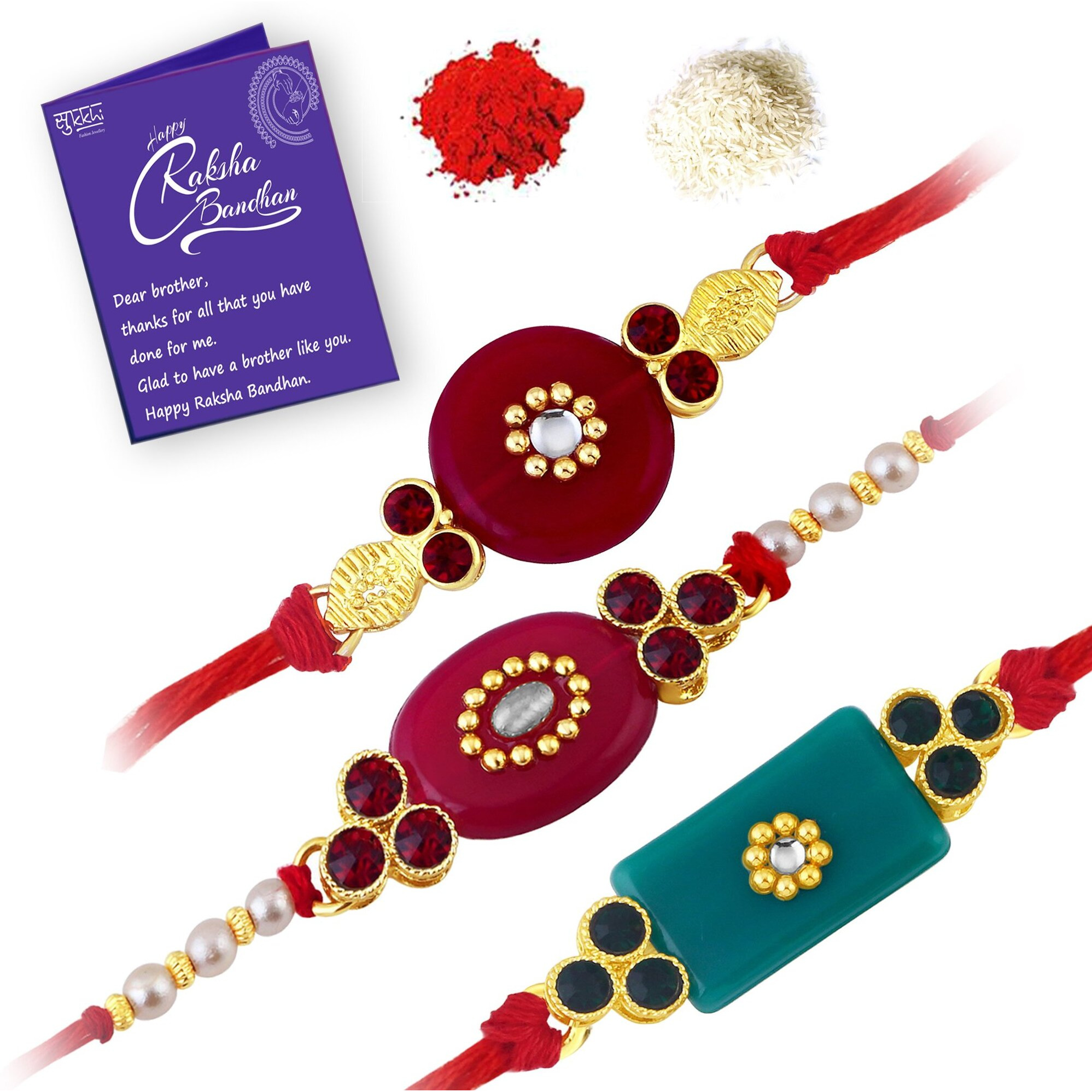 Sukkhi Rakhi For Brother Graceful Kundan Combo & Designer Gold Plated With Roli Chawal & Greeting Card|Set Of 3|Cb73453