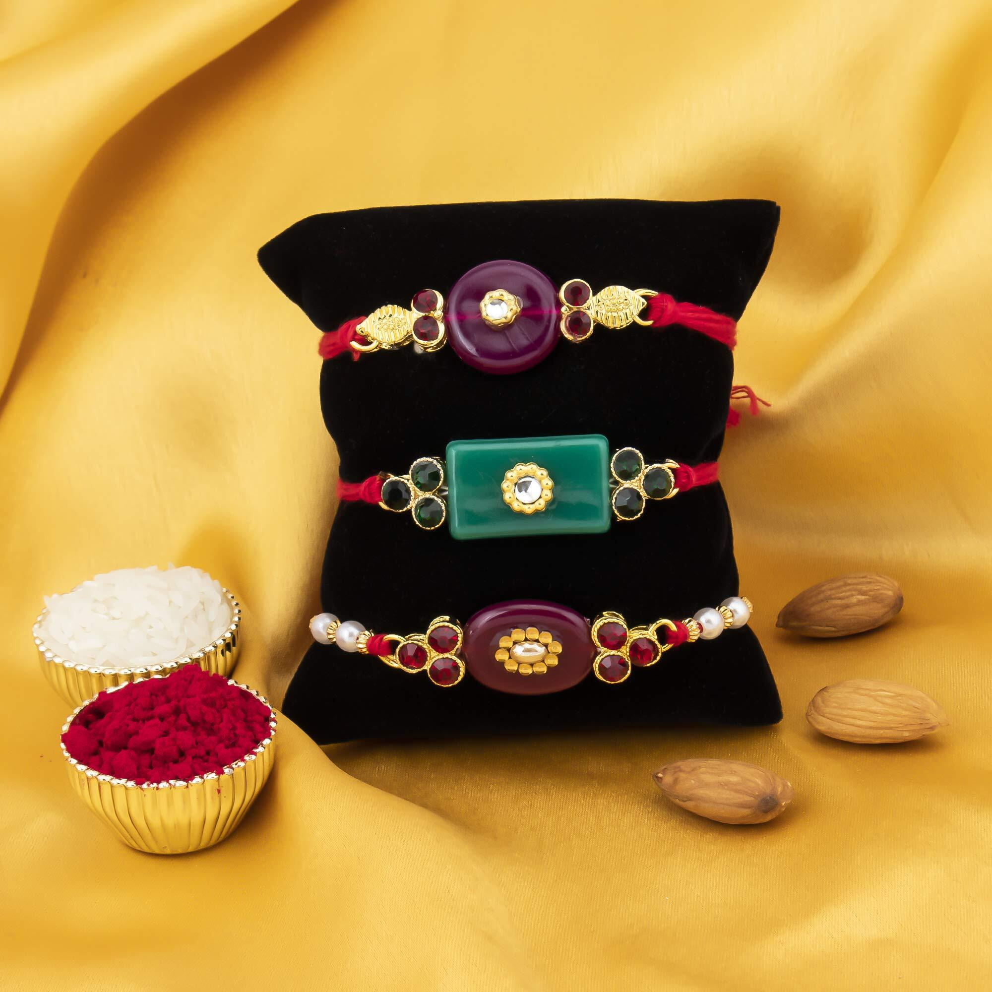 Sukkhi Rakhi For Brother Graceful Kundan Combo & Designer Gold Plated With Roli Chawal & Greeting Card|Set Of 3|Cb73453