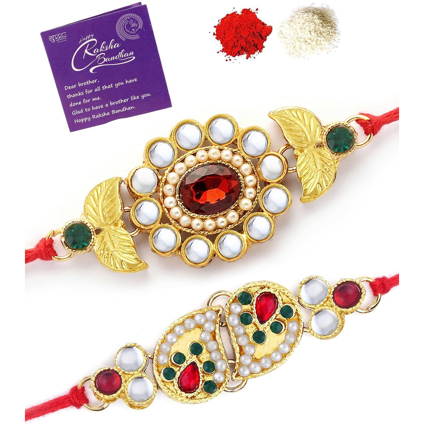 Sukkhi Rakhi For Brother Royal Kundan Combo & Designer Gold Plated With Roli Chawal & Greeting Card|Set Of 2|Cb73446