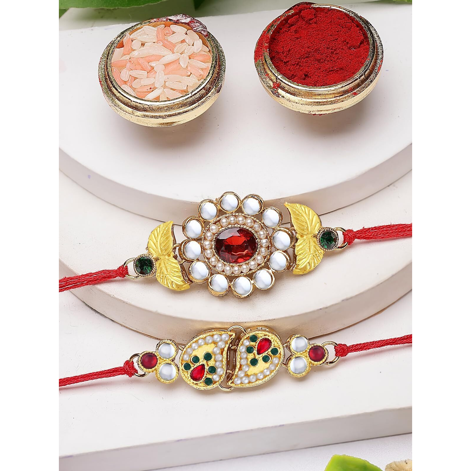 Sukkhi Rakhi For Brother Royal Kundan Combo & Designer Gold Plated With Roli Chawal & Greeting Card|Set Of 2|Cb73446
