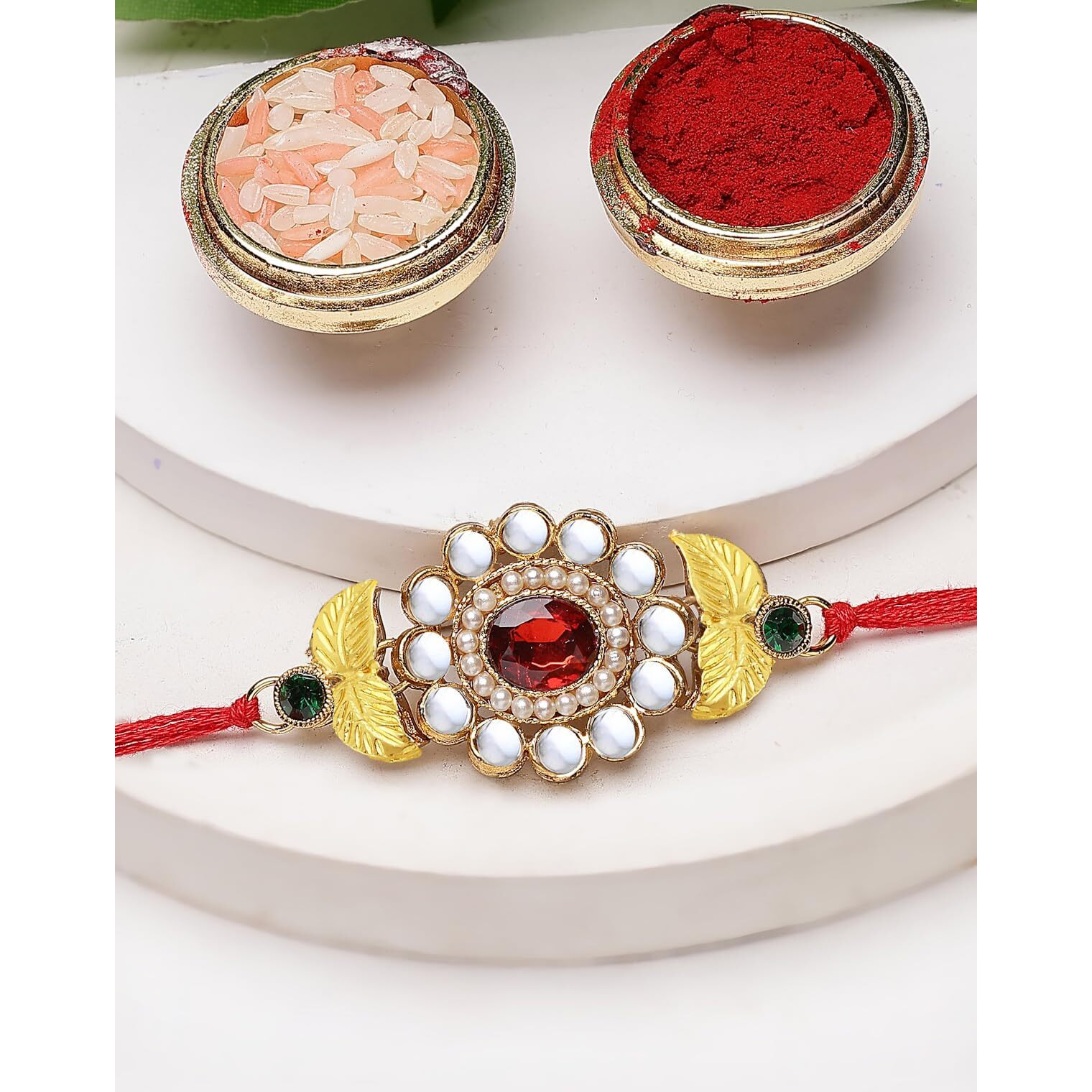 Sukkhi Classic Kundan Designer Gold Plated Premium Rakhi For Brother With Roli Chawal & Greeting Card (Rak73418)