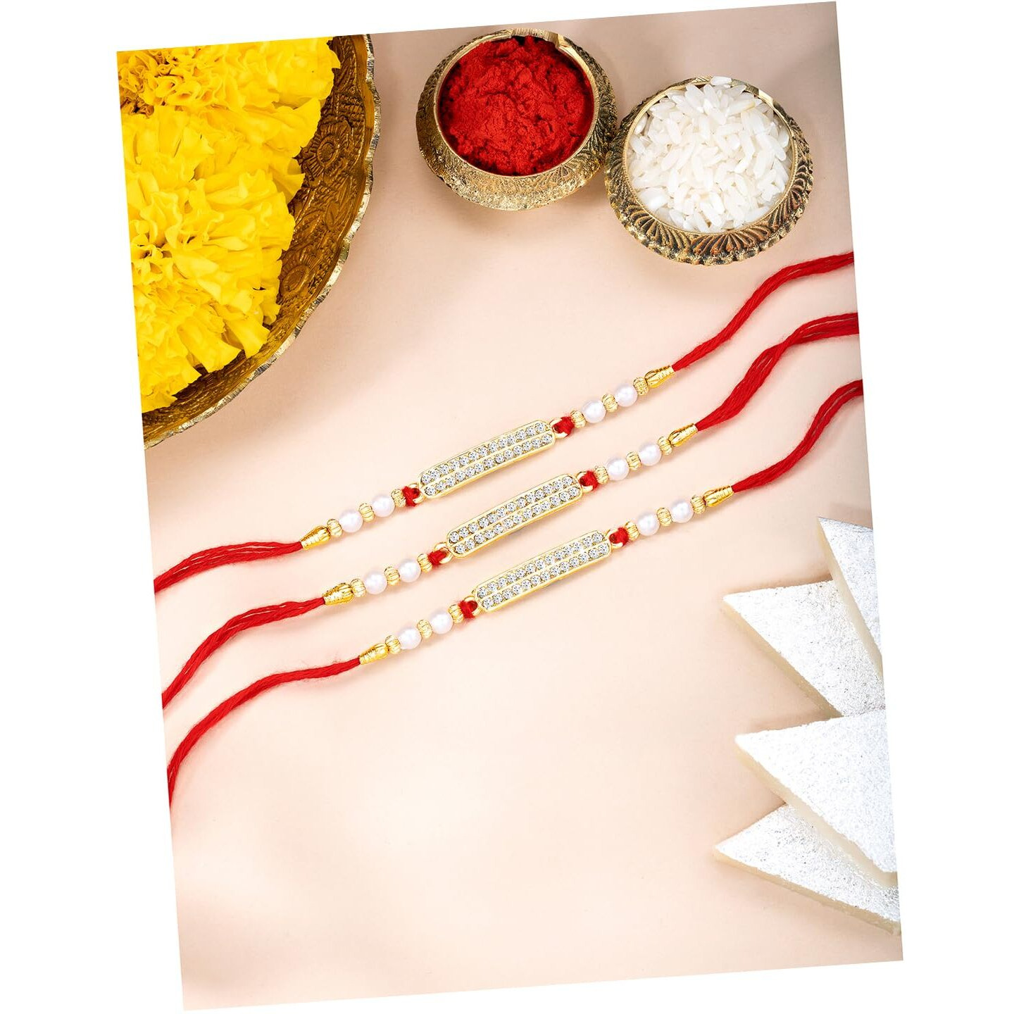 Peora Crystals & Beads Studded Thread Rakhi For Brother Bhaiya Raksha Bandhan Hamper With Roli Chawal Greeting Card (Combo, Pack Of 3)