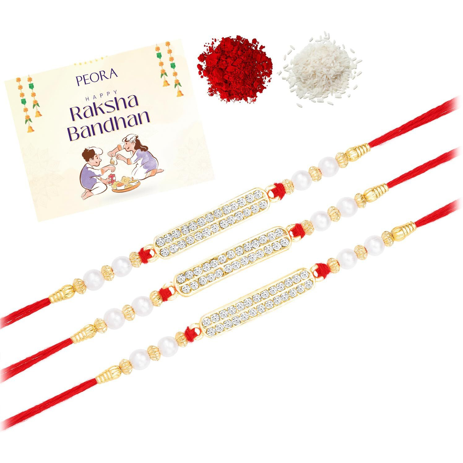 Peora Crystals & Beads Studded Thread Rakhi For Brother Bhaiya Raksha Bandhan Hamper With Roli Chawal Greeting Card (Combo, Pack Of 3)