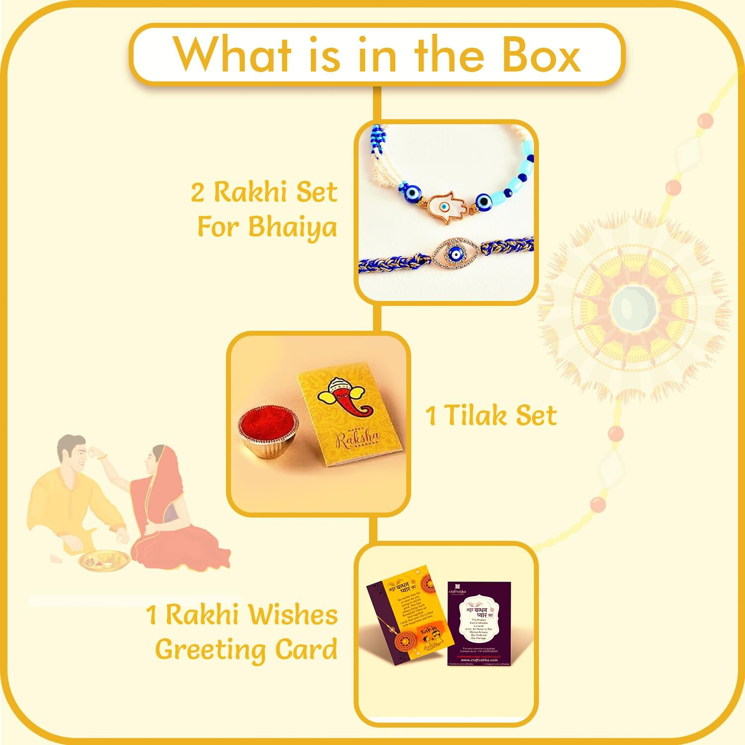 Craftvatika Evil Eye Bracelet Rakhi Set For Brother And Bhabhi, Rakhi Set Of 2, Hamsa Hand Bhaiya Bhabhi Couple Pair Rakhis Designer Premium Rakhis Bhabhi For Rakshabandhan, Rakshasutra For Women Men,Best Wishes Greeting Card, Tilak Set