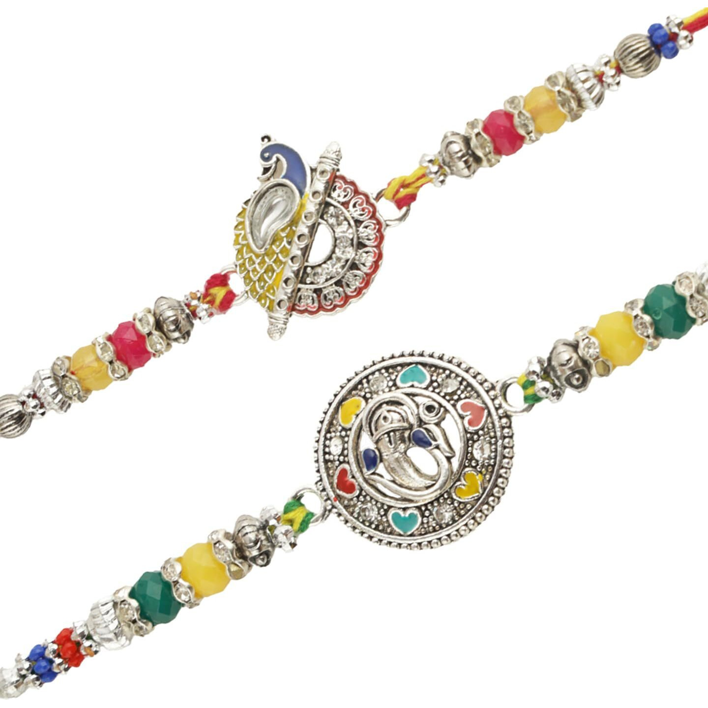 Tied Ribbons Rakhi For Brother Set Of 2 - Silver Ganesh Rakhis For Brother Men Bhaiya Kids Boys With Greeting Card And Tikka - Bracelet For Brother