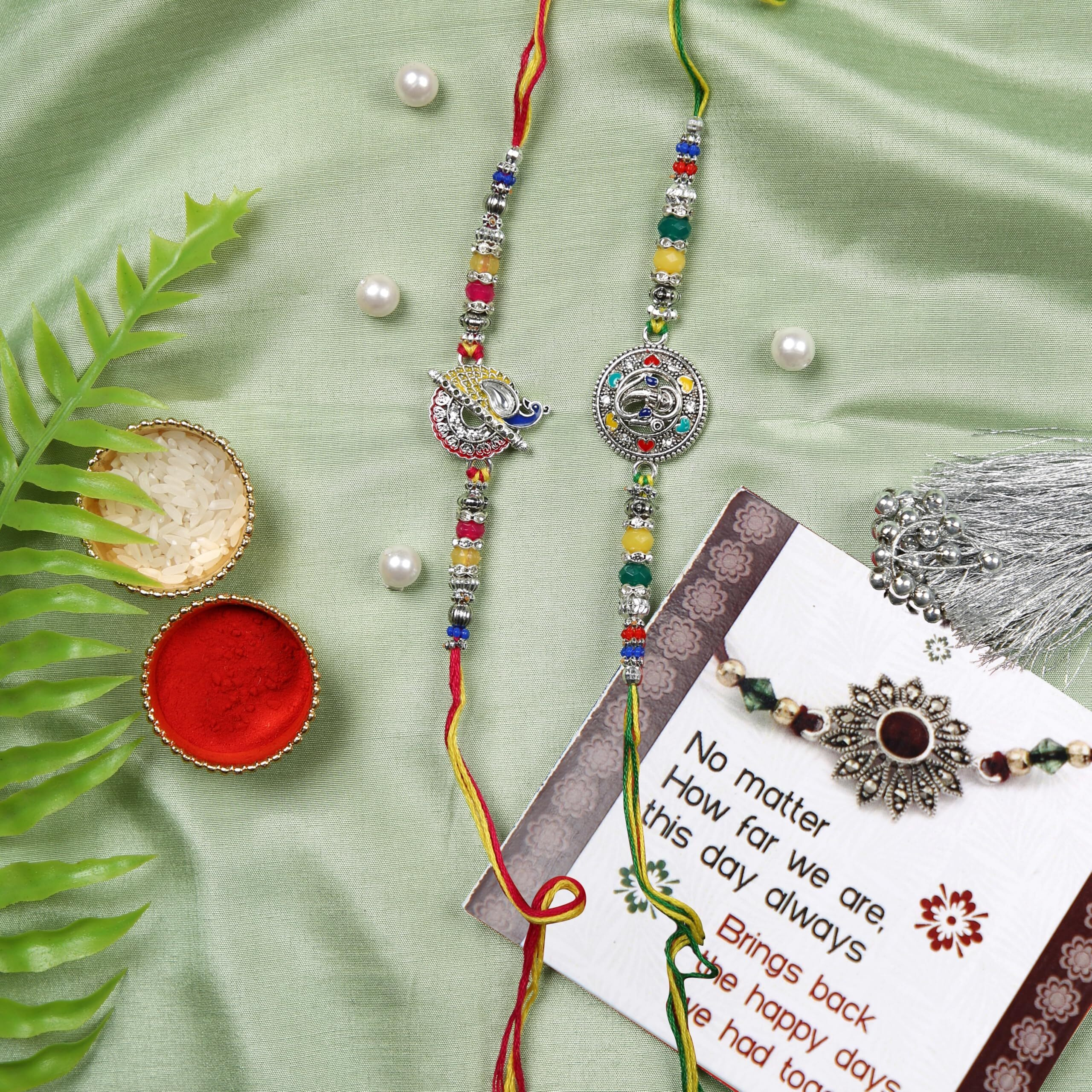 Tied Ribbons Rakhi For Brother Set Of 2 - Silver Ganesh Rakhis For Brother Men Bhaiya Kids Boys With Greeting Card And Tikka - Bracelet For Brother
