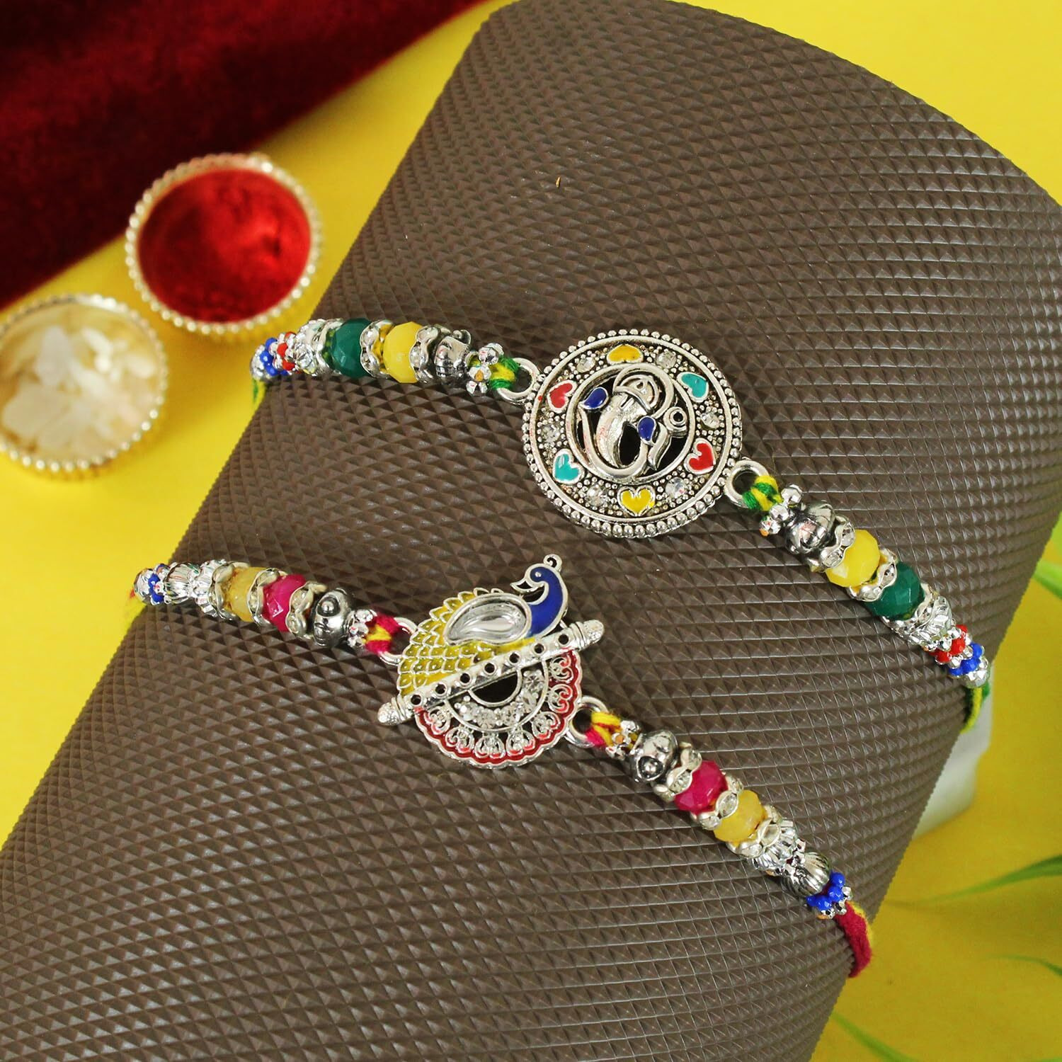 Tied Ribbons Rakhi For Brother Set Of 2 - Silver Ganesh Rakhis For Brother Men Bhaiya Kids Boys With Greeting Card And Tikka - Bracelet For Brother