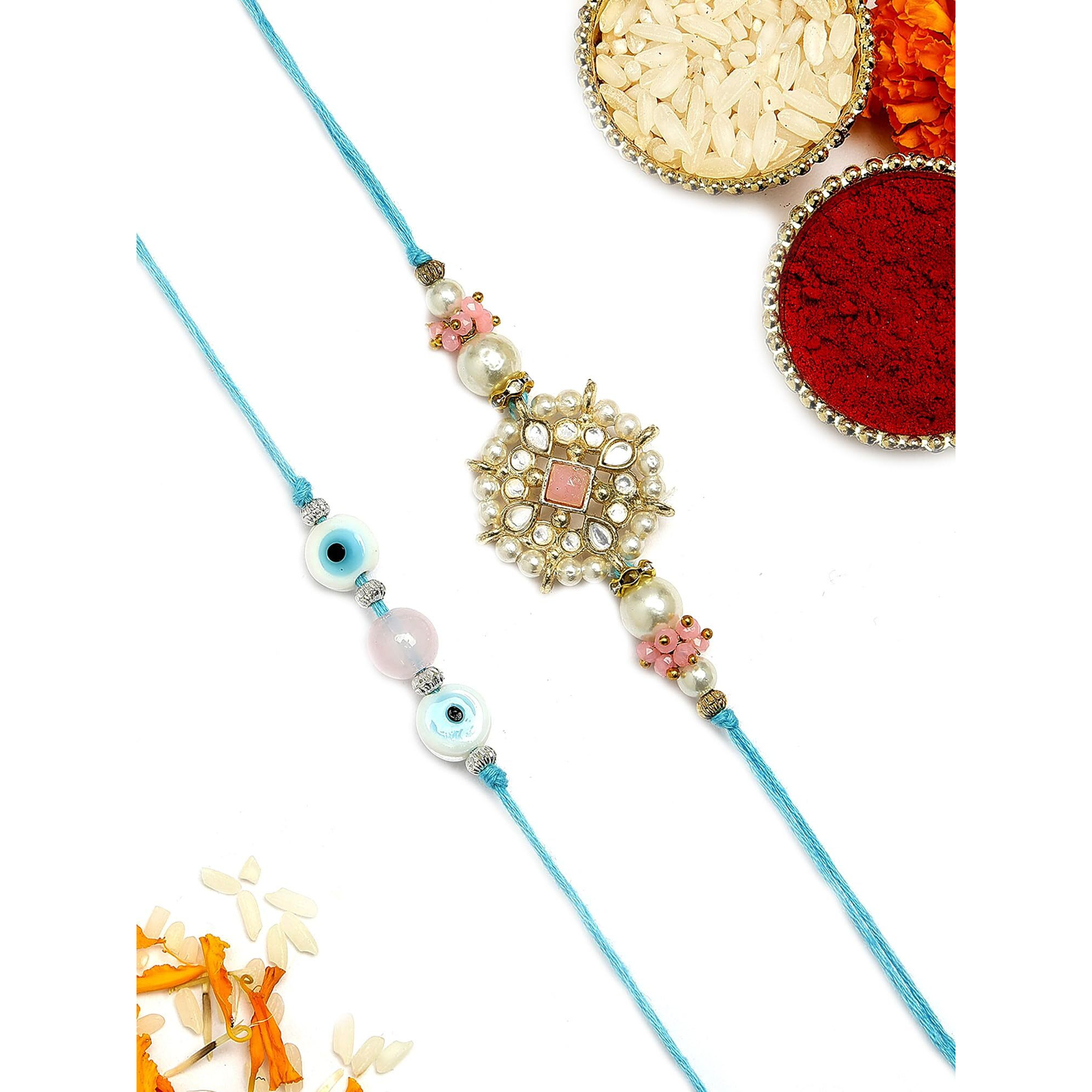 Karatcart Set Of 2 Evil Eye And Pink Floral Kundan Handmade Rakhi For Brother With Roli & Chawal