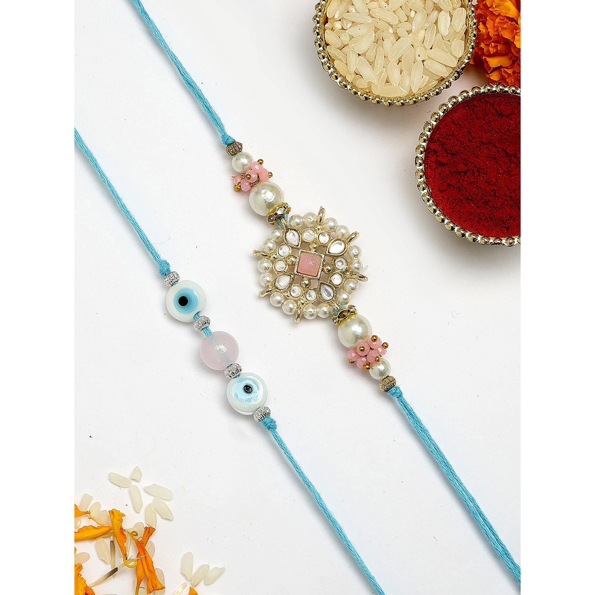 Karatcart Set Of 2 Evil Eye And Pink Floral Kundan Handmade Rakhi For Brother With Roli & Chawal