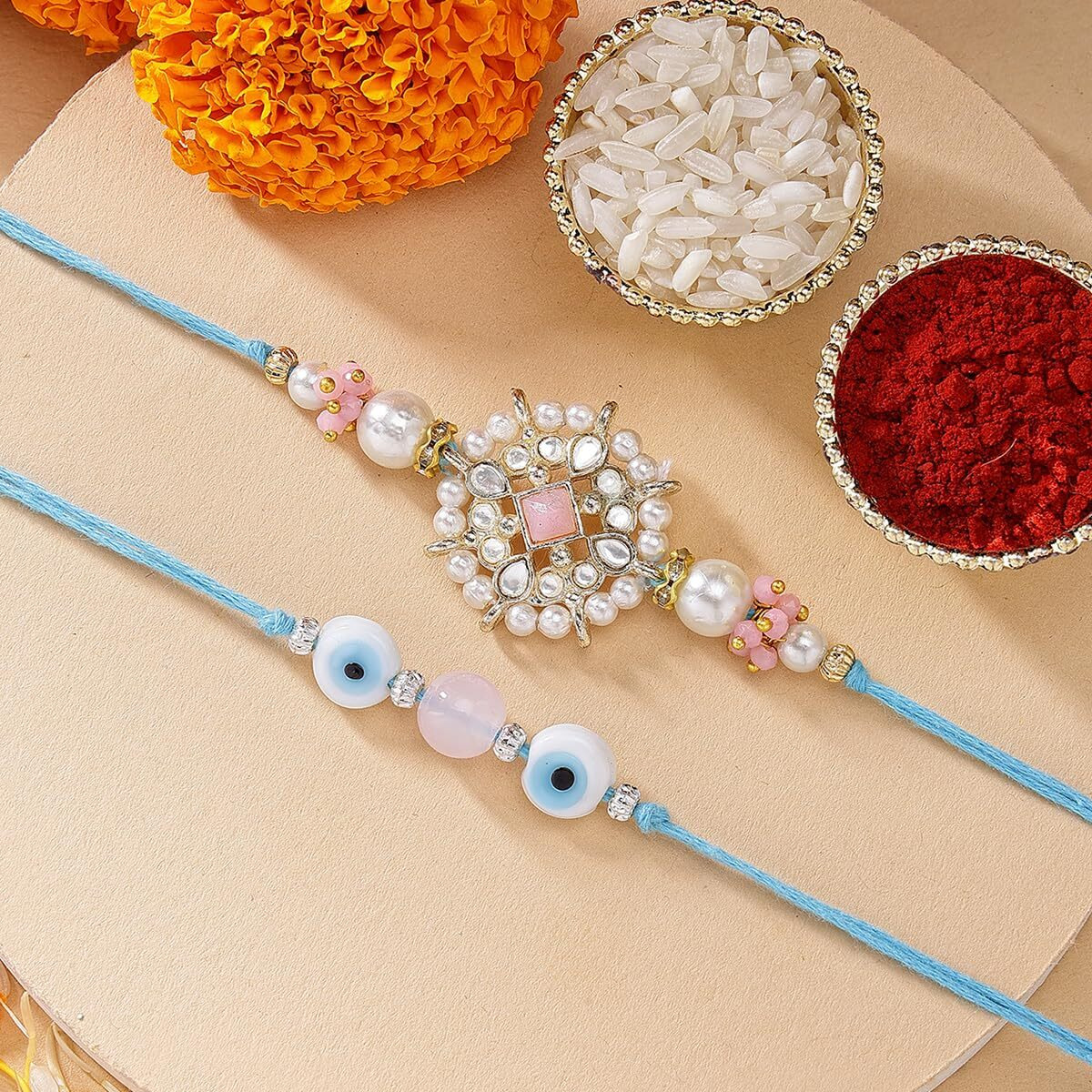 Karatcart Set Of 2 Evil Eye And Pink Floral Kundan Handmade Rakhi For Brother With Roli & Chawal
