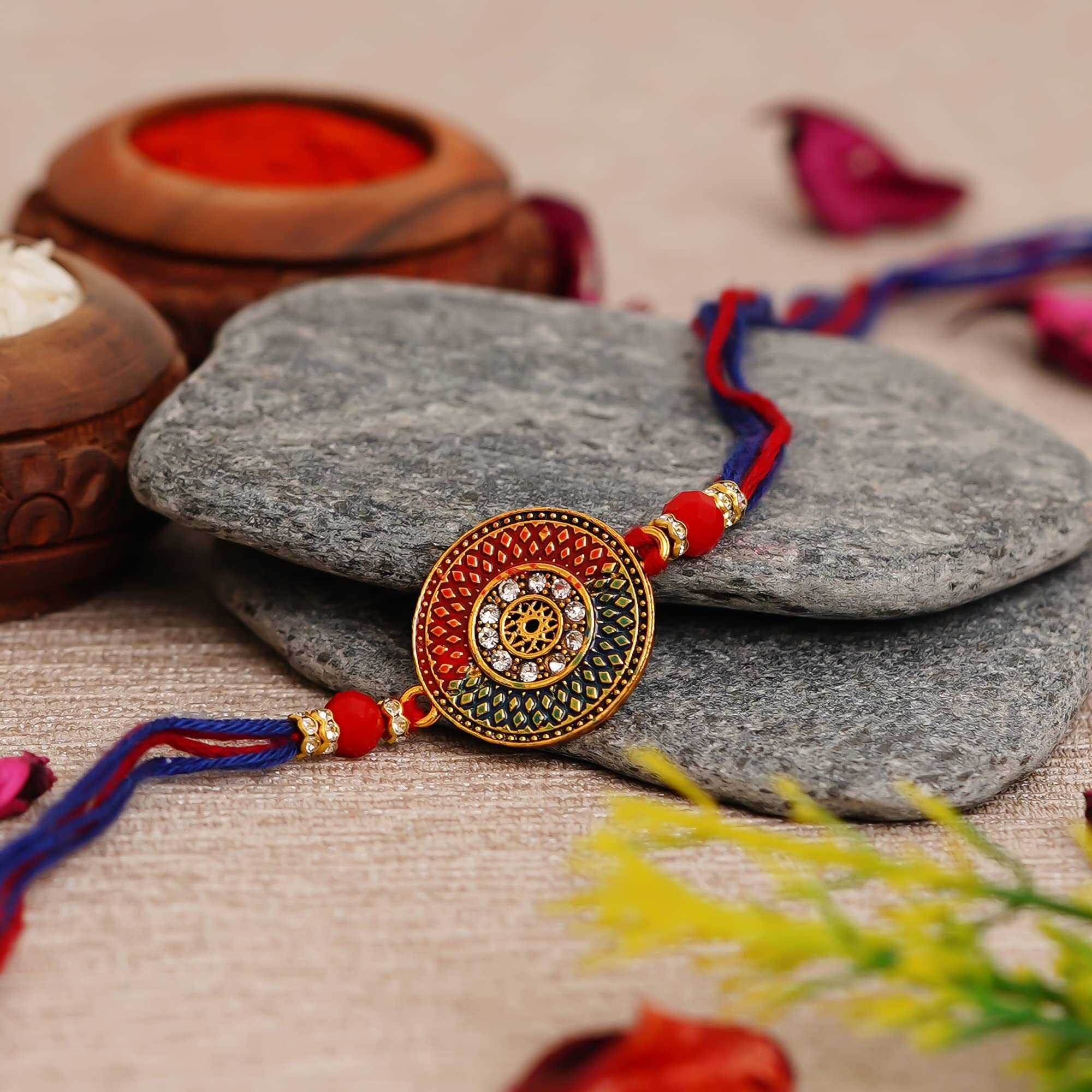 Ecraftindia Red Blue Round Designer Rakhi For Brother Bhaiya Bhai | Roli Chawal Pack | Rakhi Combo | Rakhis For Raksha Bandhan
