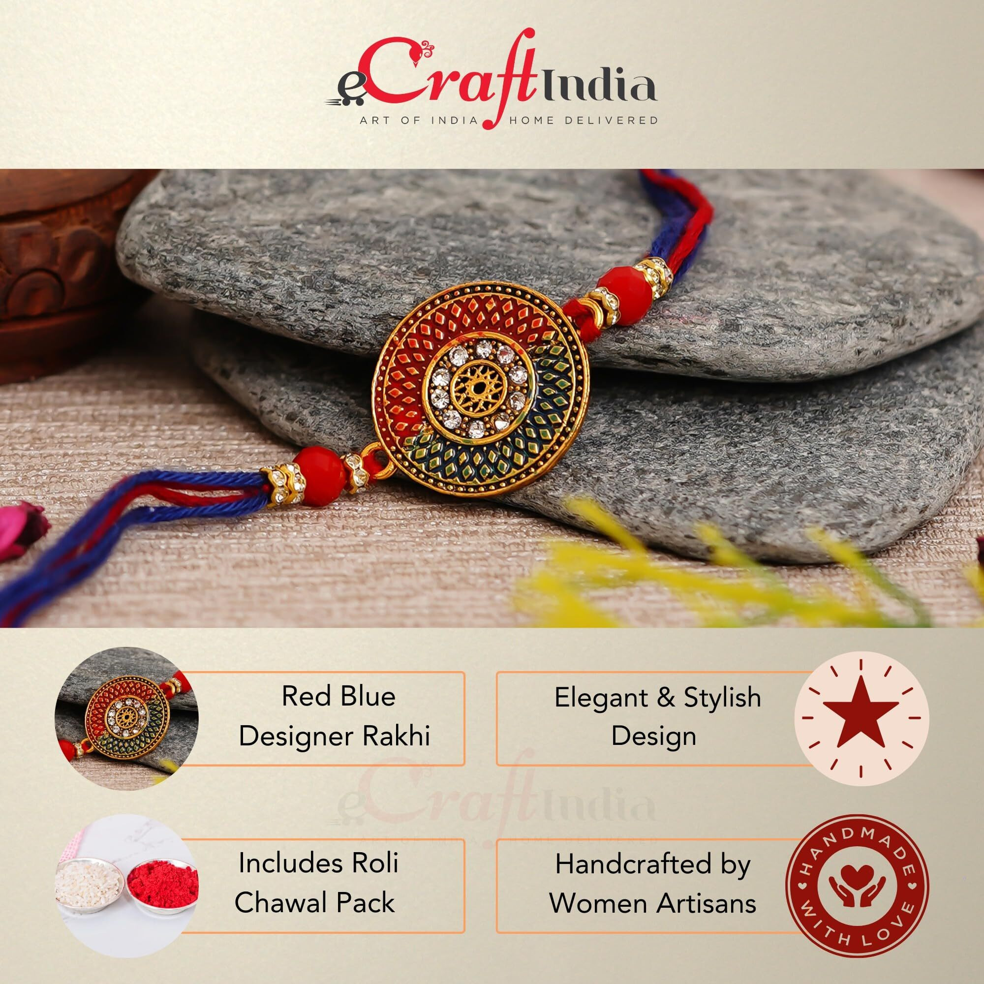 Ecraftindia Red Blue Round Designer Rakhi For Brother Bhaiya Bhai | Roli Chawal Pack | Rakhi Combo | Rakhis For Raksha Bandhan