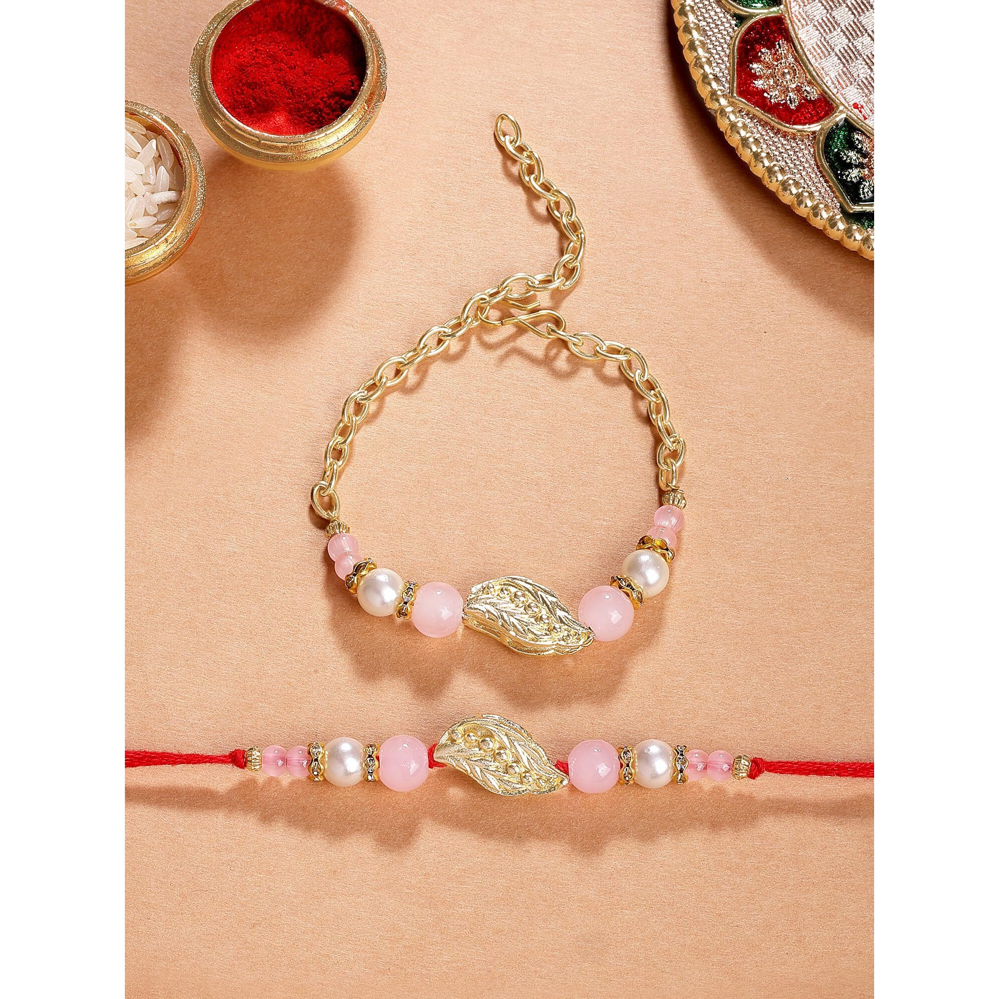 Karatcart Gold Plated Pink Beads Feather Kundan Bhiya Bhabhi Rakhi With Roli & Chawal
