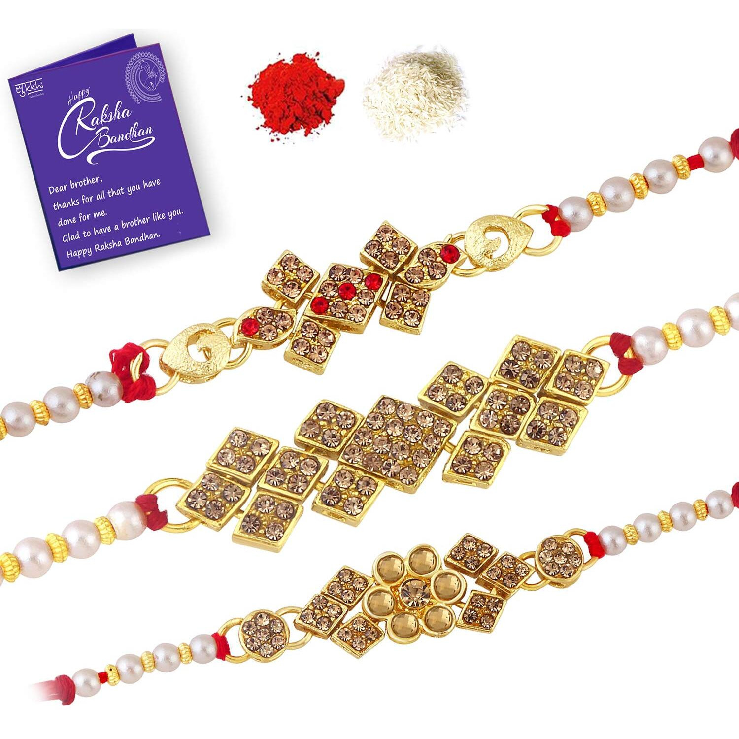 Sukkhi Gold Plated Rakhi Combo Set Of 3 With Roli Chawal And Greeting Card