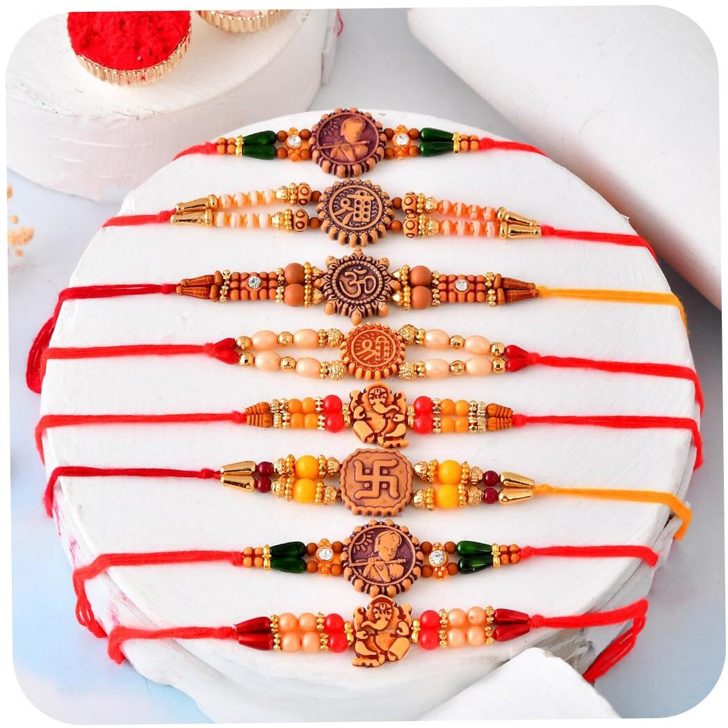 Craftvatika Rakhi Set Of 7 For Brother, Rakhi For Brother Boy Men, Rakshabandhan For Bhaiya, Om Ganesha Krishna Designer Rakhis With Best Wishes Card Tillak Set, Raksha Sutra Set