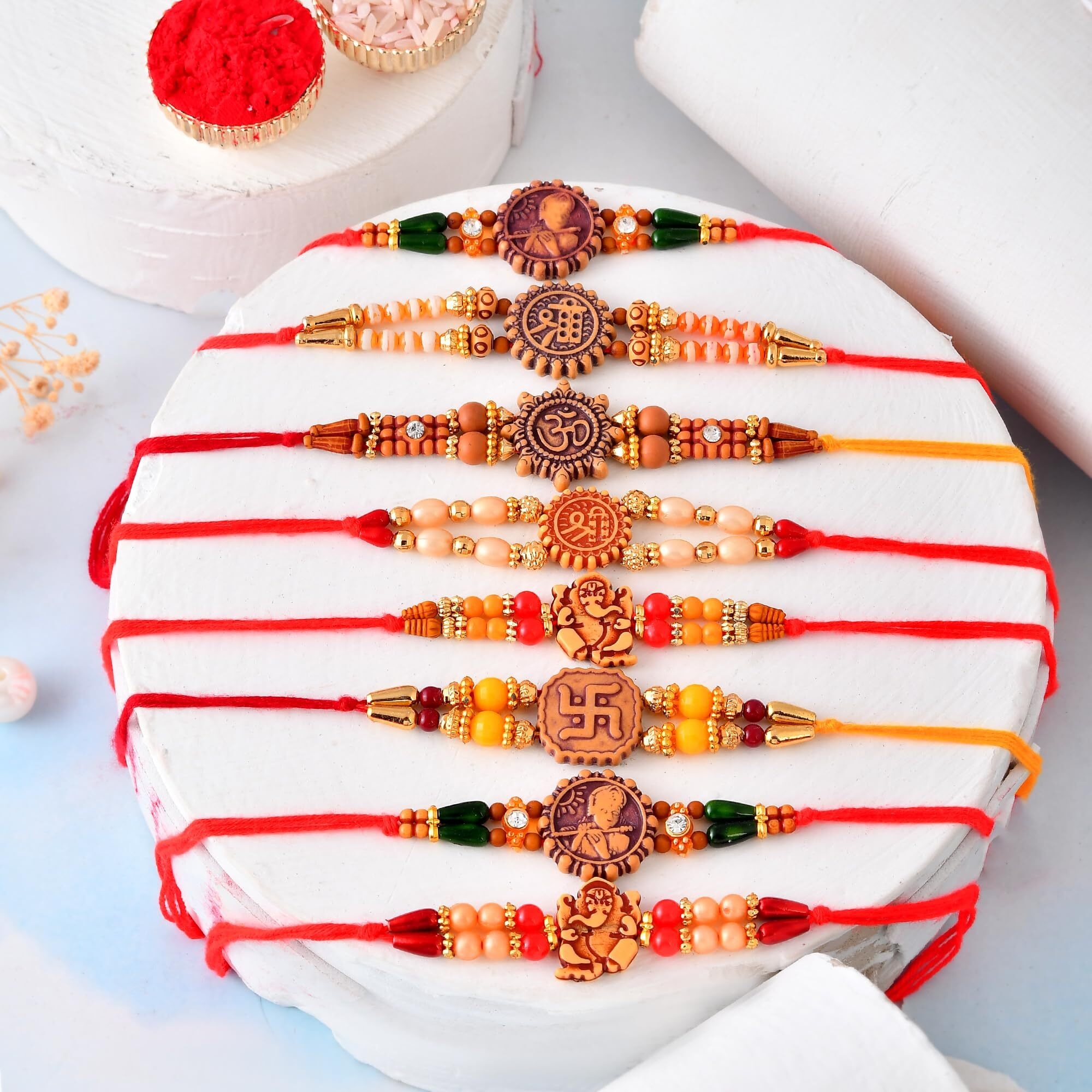 Craftvatika Rakhi Set Of 7 For Brother, Rakhi For Brother Boy Men, Rakshabandhan For Bhaiya, Om Ganesha Krishna Designer Rakhis With Best Wishes Card Tillak Set, Raksha Sutra Set