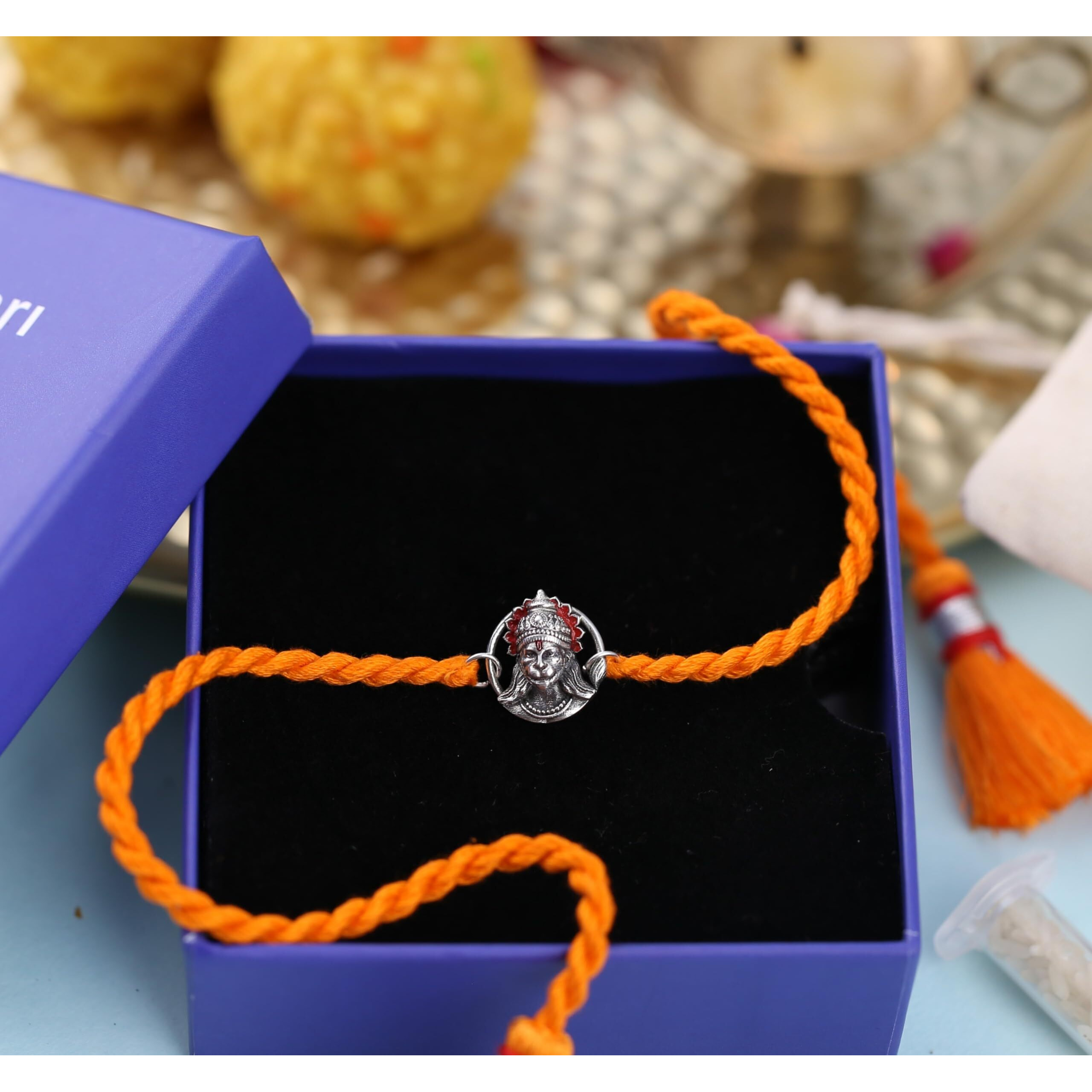 Meenakari Heritage Jewellery Pure 925 Sterling Silver Shri Hanuman Rakhi Set With Roli Chawal And Rakshabandhan Greeting Card For Brother/Boys/Men/Unisex (Hanuman)