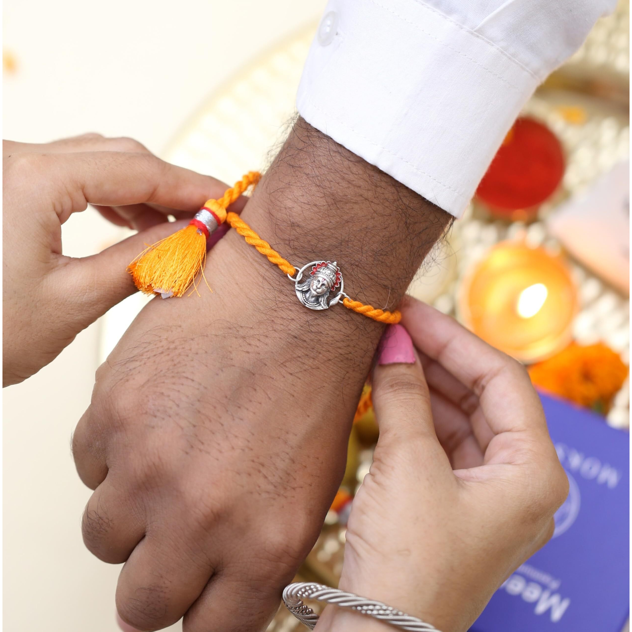 Meenakari Heritage Jewellery Pure 925 Sterling Silver Shri Hanuman Rakhi Set With Roli Chawal And Rakshabandhan Greeting Card For Brother/Boys/Men/Unisex (Hanuman)