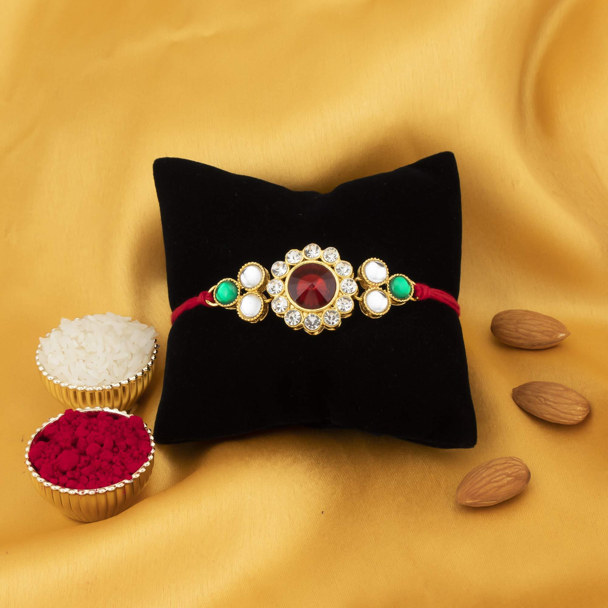Sukkhi Rakhi For Brother Striking Kundan Designer Gold Plated With Roli Chawal & Greeting Card|Rak73435