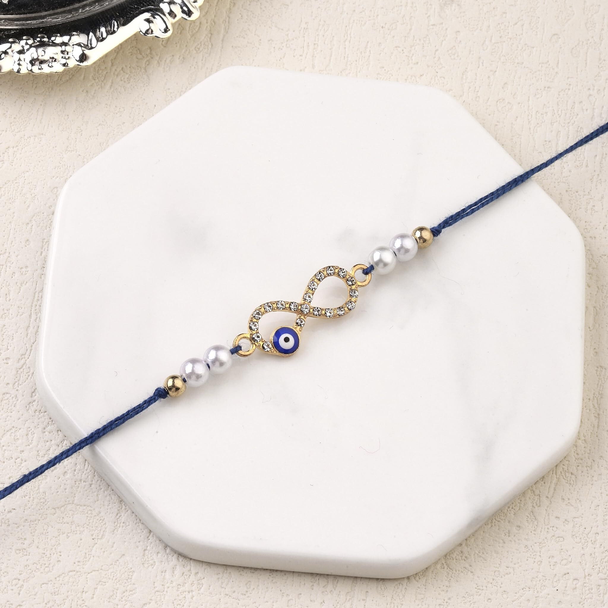 Salty Set Of 1 Infinite Love Peal Evil Eye Designer Thread Rakhi For Brother | Rakhi Gift Pack For Sister, Bhaiya And Bhabhi | Bracelet For Men, Women | Fancy Jewellery Combo Gifts
