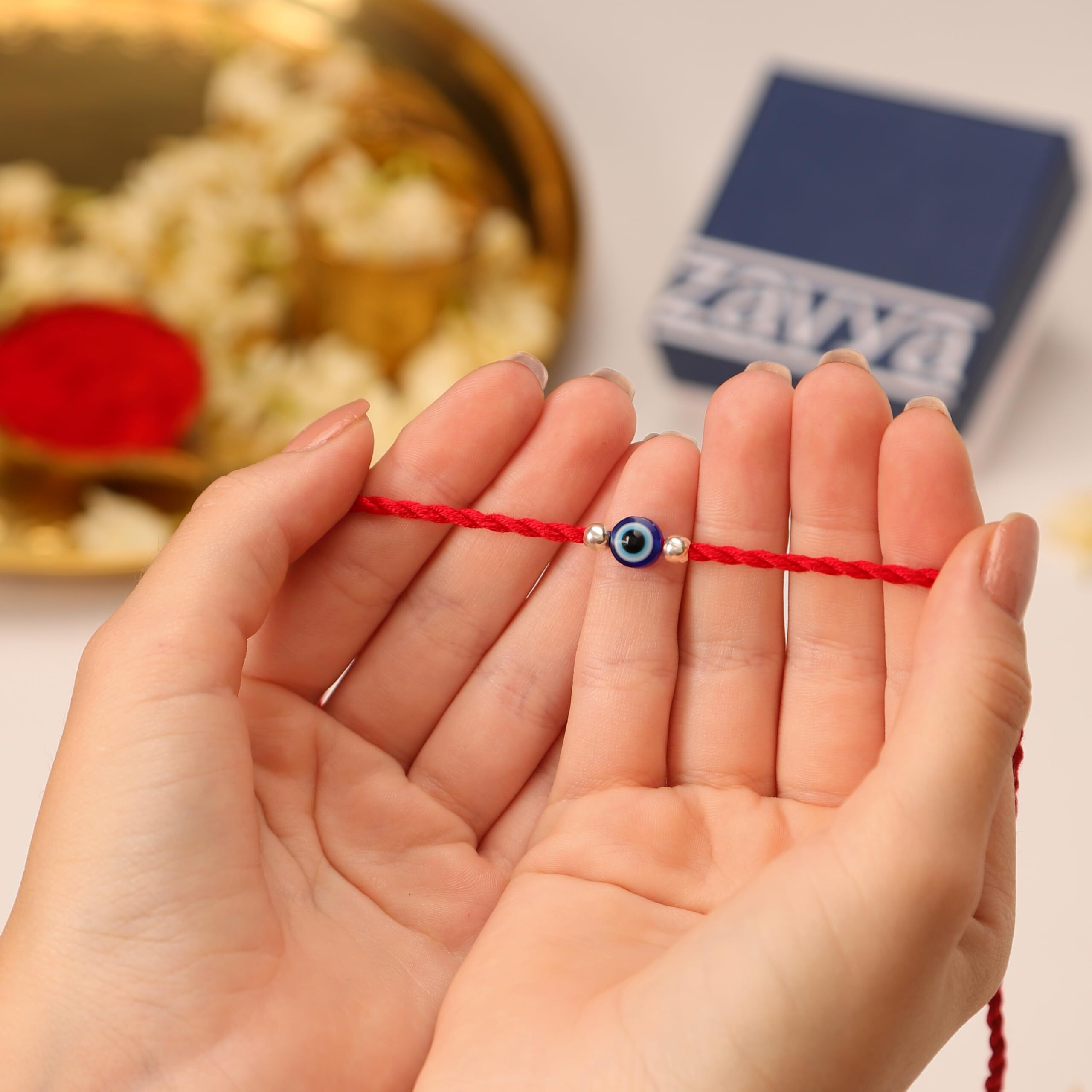 Zavya 925 Sterling Silver Evil Eye Coloured Stones Rhodium Plating Silver Rakhi | Rakhi For Brother- Rakshabandhan | Gift For Men & Boys |1 Year Plating Warranty | Gift For Brother