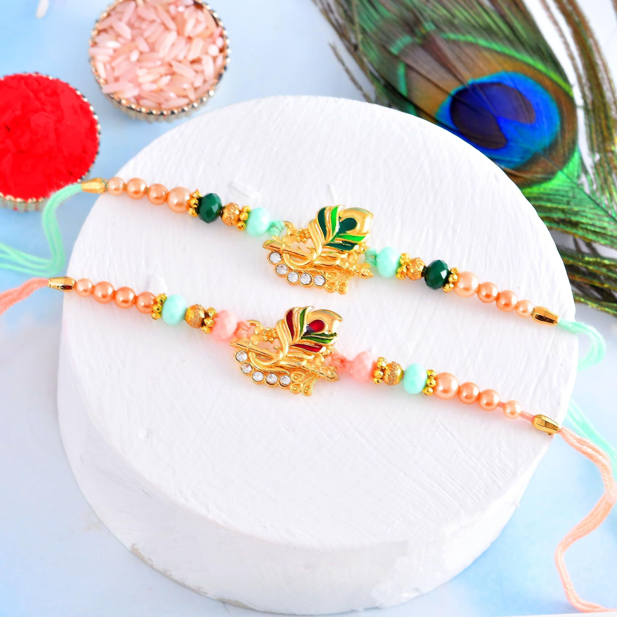 Craftvatika Rakhi Set For Brother, Rakhi Set Of 2 For Brother Boy Men, Designer Peacock Feather Rakhi For Bhaiya, Rakshabandhan Thread Raksha Sutra For Bhai, Tillak Set Best Wishes Card