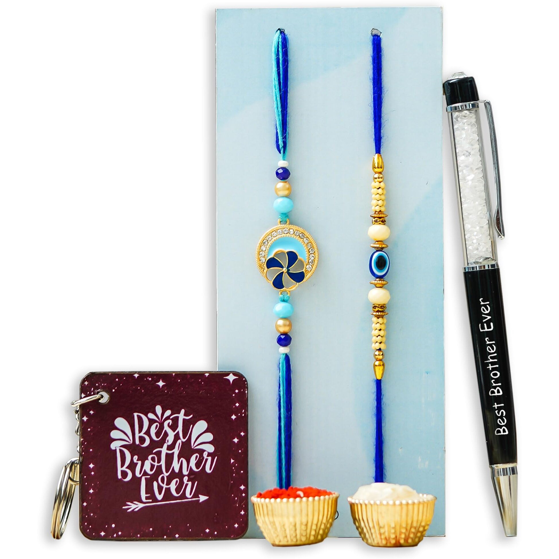 Tonkwalas Rakhi For Brother With 2 Designer Rakhi, 1 Best Bro Ever Pen, 1 Keychain, Greeting Card And Roli Chawal Pack | Rakhi Gift For Brother (Tw-Pk-4)