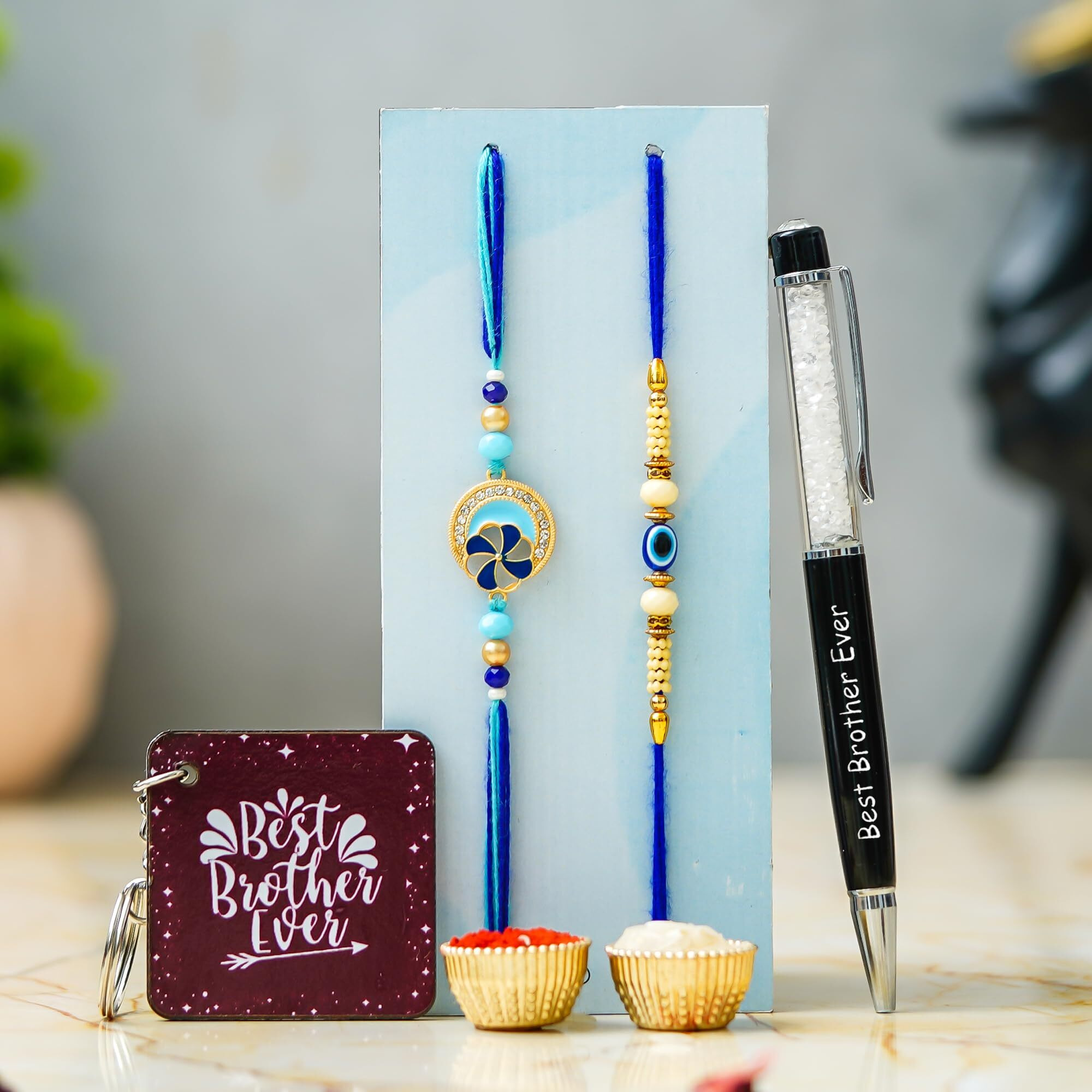 Tonkwalas Rakhi For Brother With 2 Designer Rakhi, 1 Best Bro Ever Pen, 1 Keychain, Greeting Card And Roli Chawal Pack | Rakhi Gift For Brother (Tw-Pk-4)